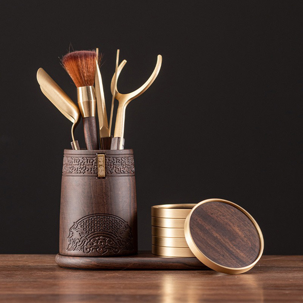 Premium Ebony Wood Tea Set with Coaster - Traditional Japanese Tea Ceremony Accessories for Home & Office Use