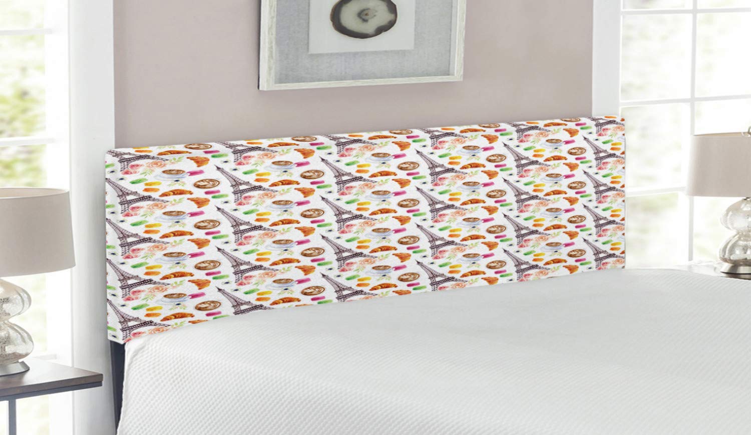 Ambesonne Modern Upholstered Headboard - Paris Themed Coffee Croissant Macarons Floral Print, Queen Size Black & White Decorative Metal Bed Frame with Memory Foam | Perfect for Bedroom Decor, French Style Home Interior, and Guest Room Makeover