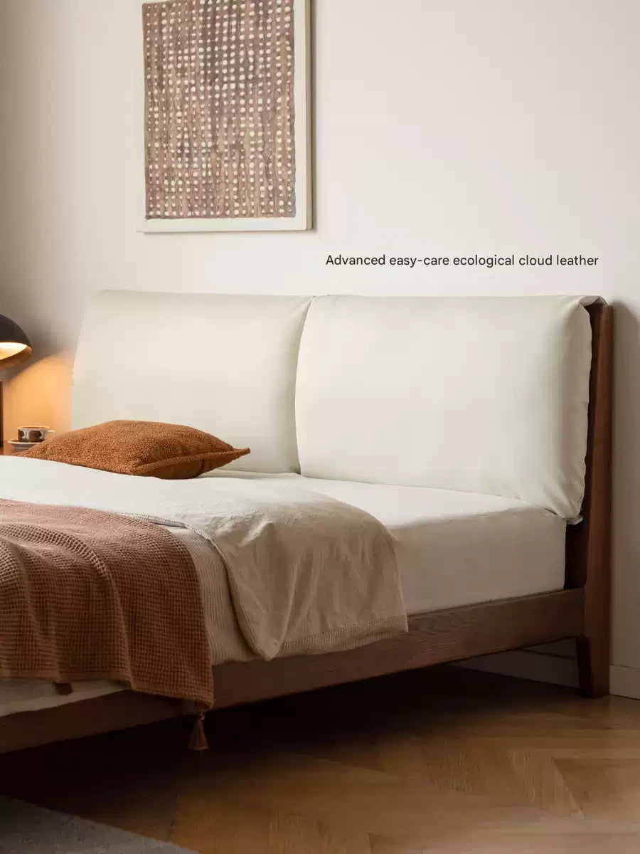 Solid Oak Wood Bed Frame with Soft Fabric Upholstered Headboard - Queen Size, Modern Minimalist Design for Bedroom, Guest Room, or Dorm