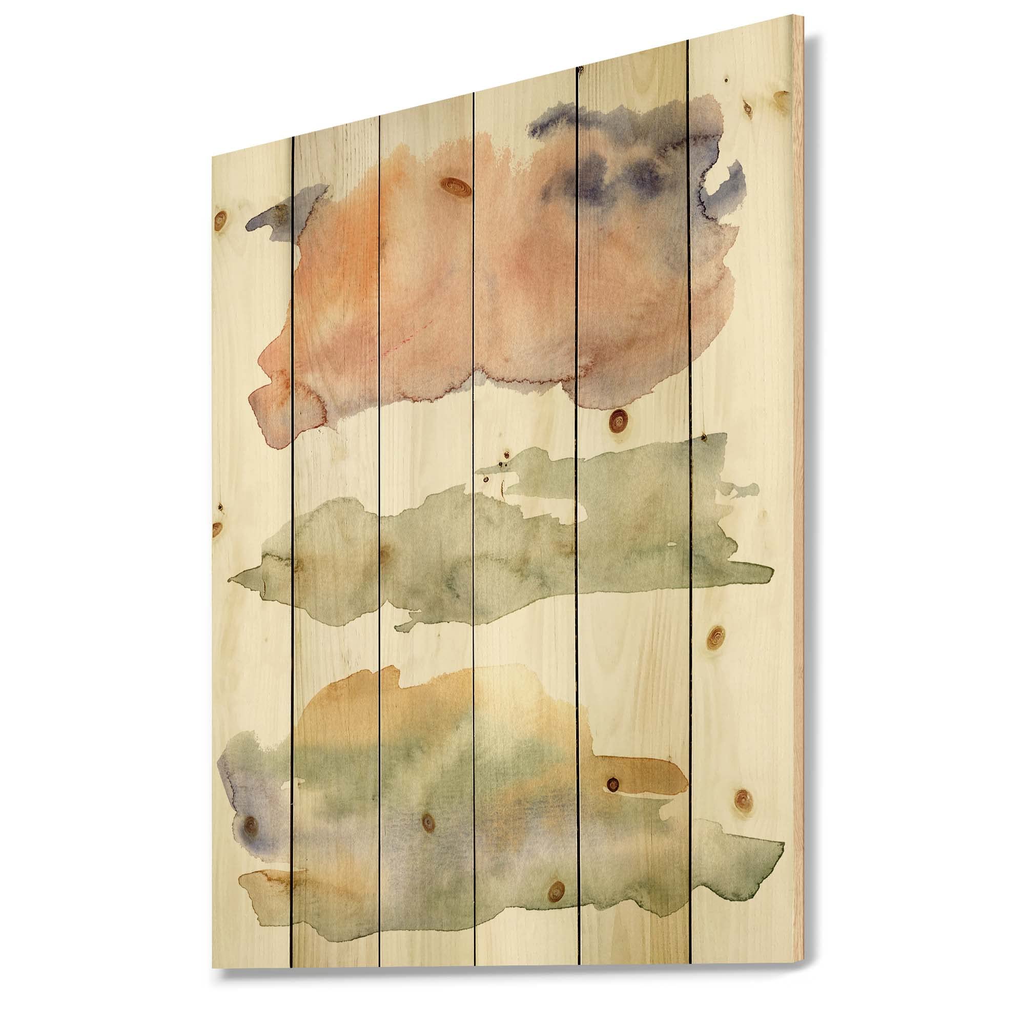 Abstract Wood Wall Art - Modern Orange Beige Blue Clouds Decor for Living Room