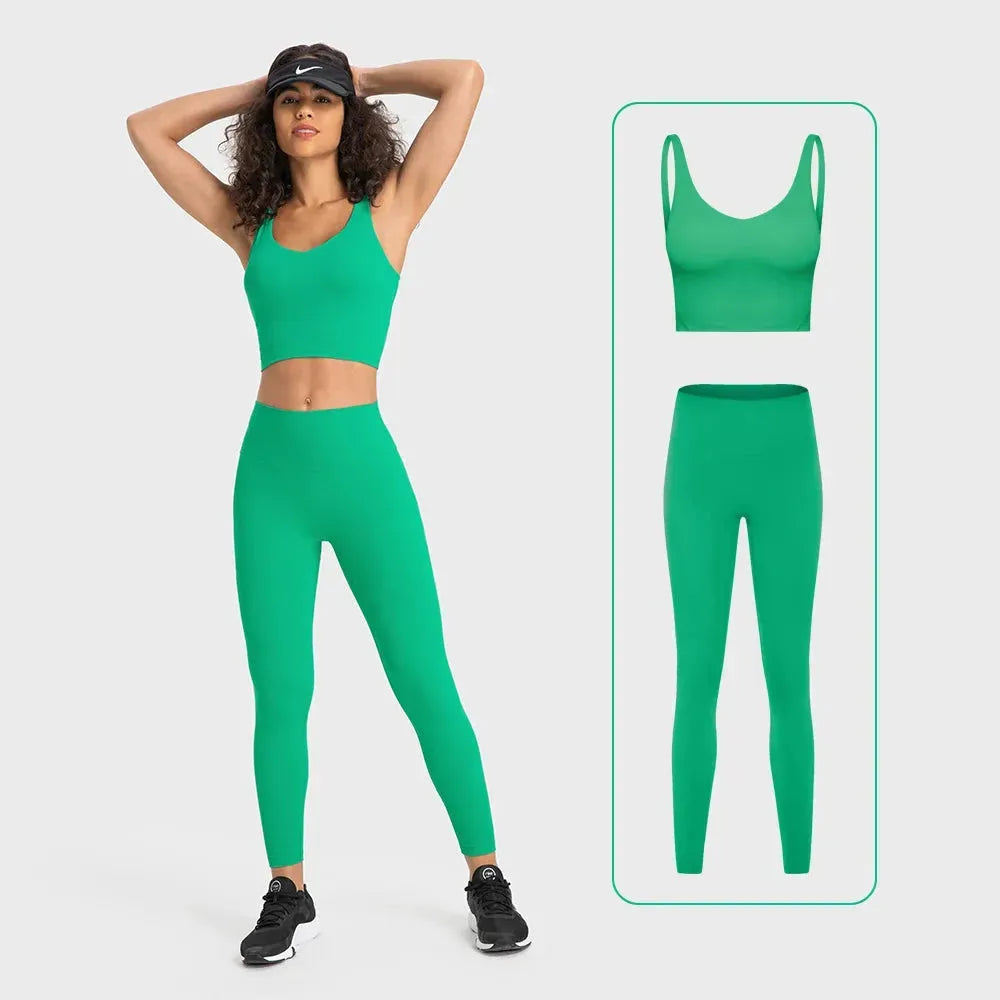 Women's 2-Piece Stretch Nylon Spandex Workout Outfit - Padded Crop Tank Bra & High Waist Yoga Leggings Set for Gym, Running & Yoga | Comfortable Tracksuit for Fitness & Active Lifestyle