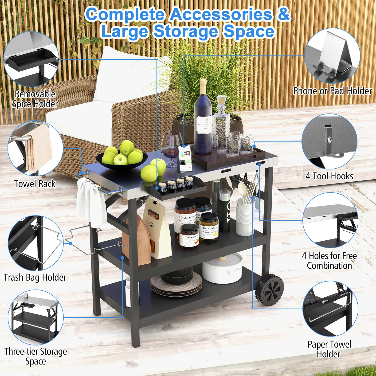Foldable Outdoor Grill Cart with Stainless Steel Tabletop & Wheels - Portable BBQ Pizza Oven Stand, Movable Food Prep Table for Backyard, Patio, Camping & Tailgating | Perfect for Outdoor Cooking, Dining & Entertaining