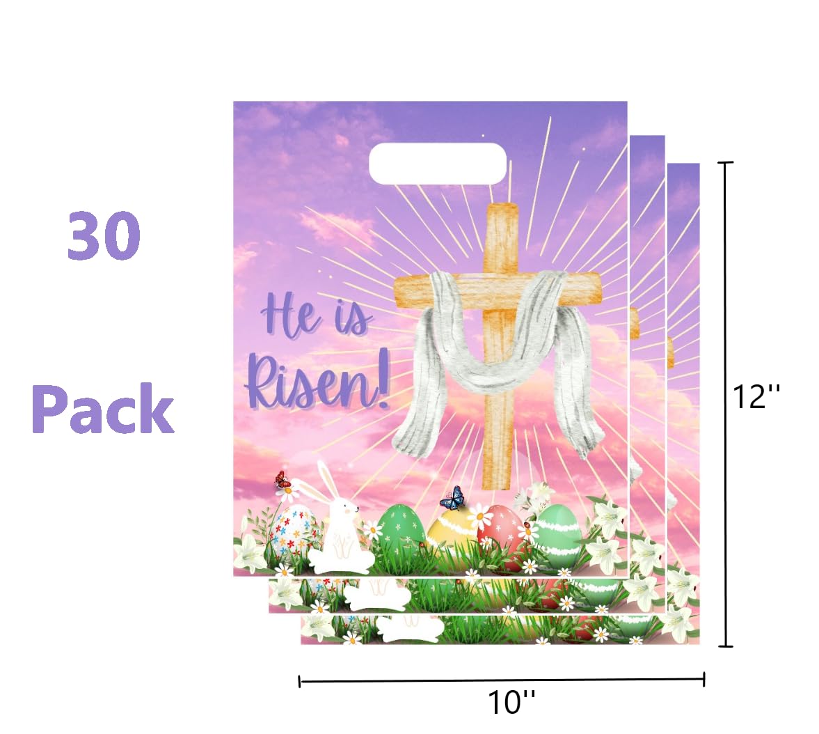 Onmlkkd 30 Pack Large 12''x10'' Religious Easter Gift Bags - 'He is Risen' Christian Treat Bags for Kids, Bulk Goodie Bags for Easter Eggs & Church Events