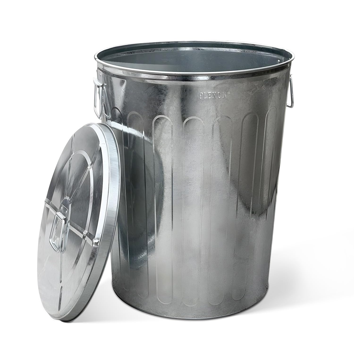 Plexon 20 Gallon Outdoor Metal Trash Can with Lid - Durable Galvanized Steel Garbage Bin for Patio, Yard & Garden Waste Disposal
