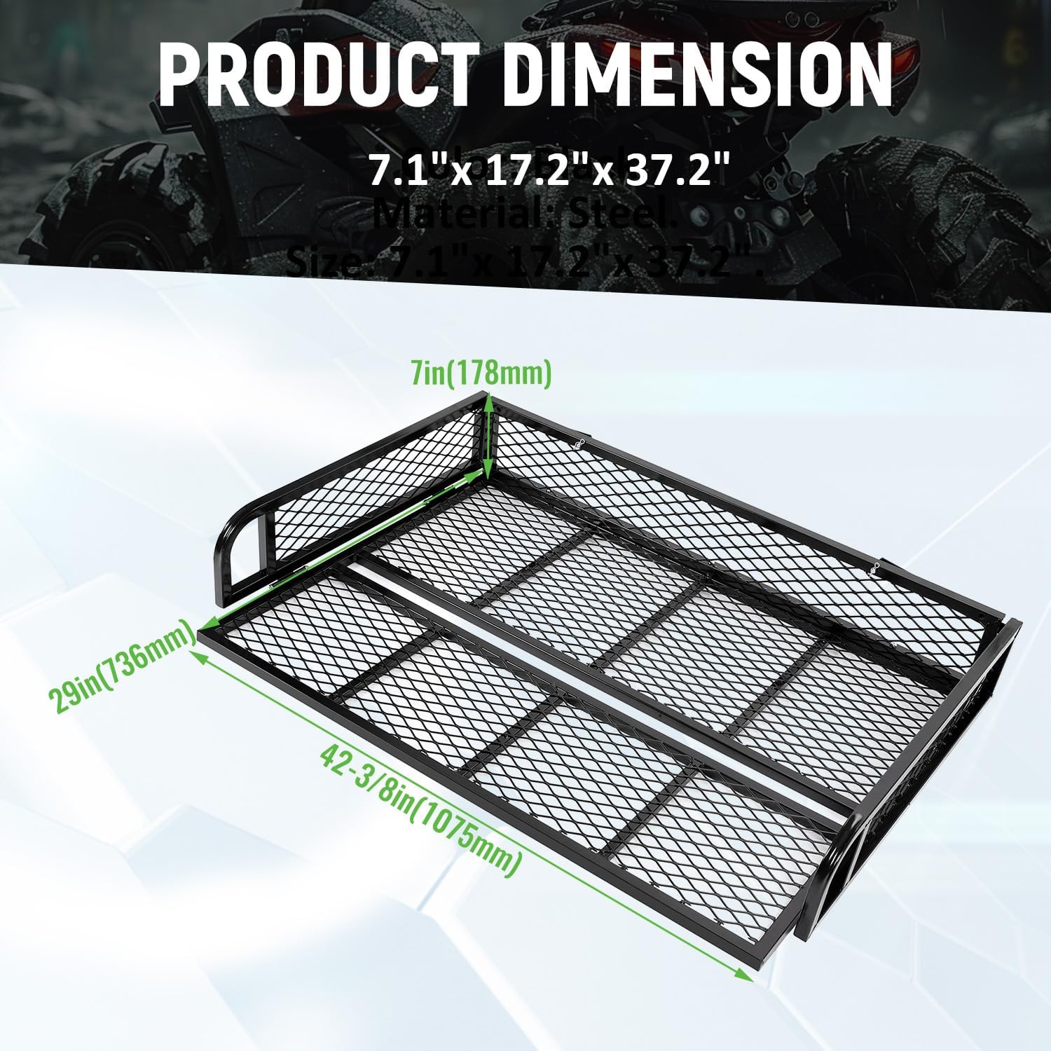 ECOTRIC Universal ATV UTV Rear Cargo Basket - Heavy Duty Black Steel Mesh Storage Rack for Hunting, Camping & Outdoor Adventures