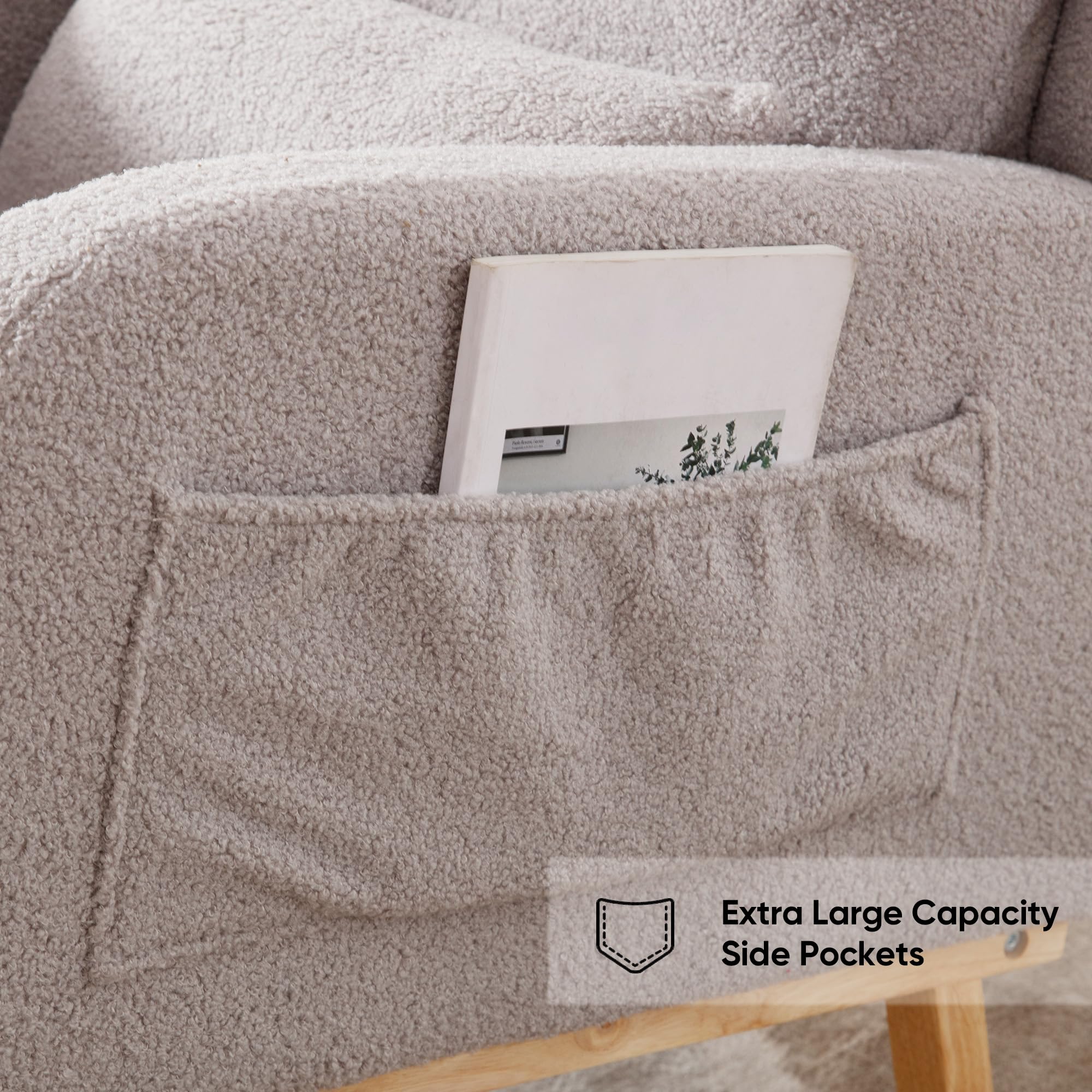 Sherpa Nursing Rocking Chair - Modern Upholstered Nursery Glider Rocker with Pillow for Mom, Baby Nursery, Living Room & Bedroom - Soft Teddy Light Grey - Perfect for Breastfeeding, Relaxing & Nursery Decor
