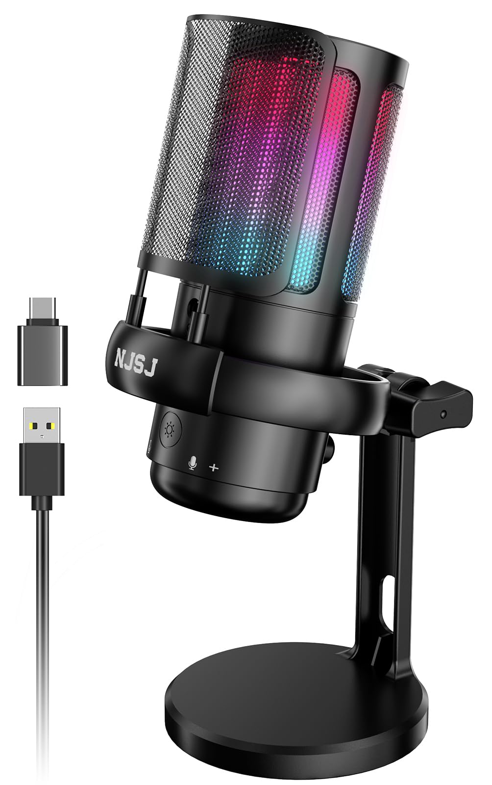 NJSJ USB Gaming Microphone with Mute Button, RGB Lighting & Audio Controls - Professional PC Mic for Podcasting, Streaming, Gaming on Laptop, Mac, PS4/PS5 - Perfect for Twitch, Discord & YouTube Content Creation