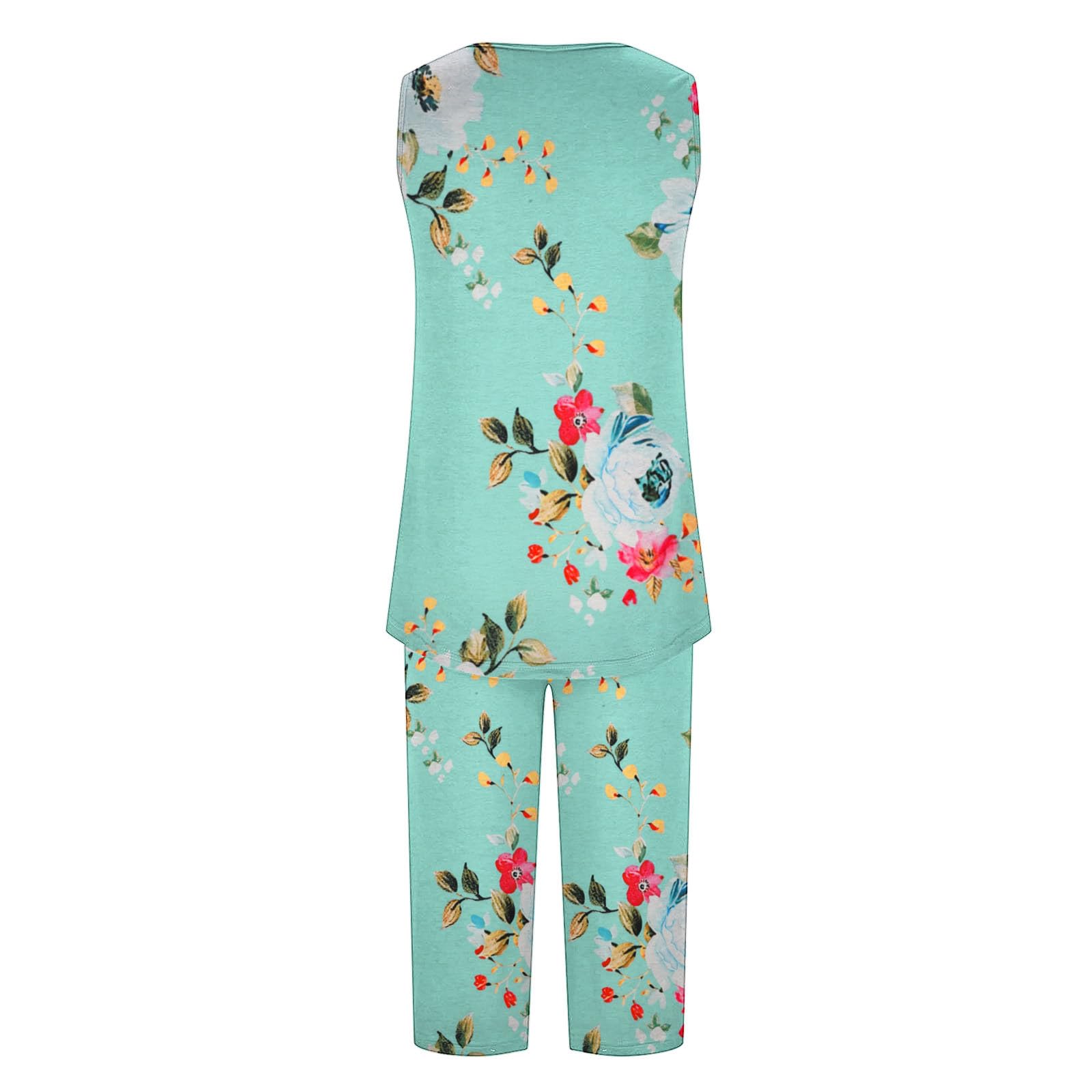 Women's 2-Piece Floral Print Pajama Set - Sleeveless Tank Top & Capri Pants Soft Summer Sleepwear Lounge Wear for Comfortable Night Sleep & Relaxing at Home