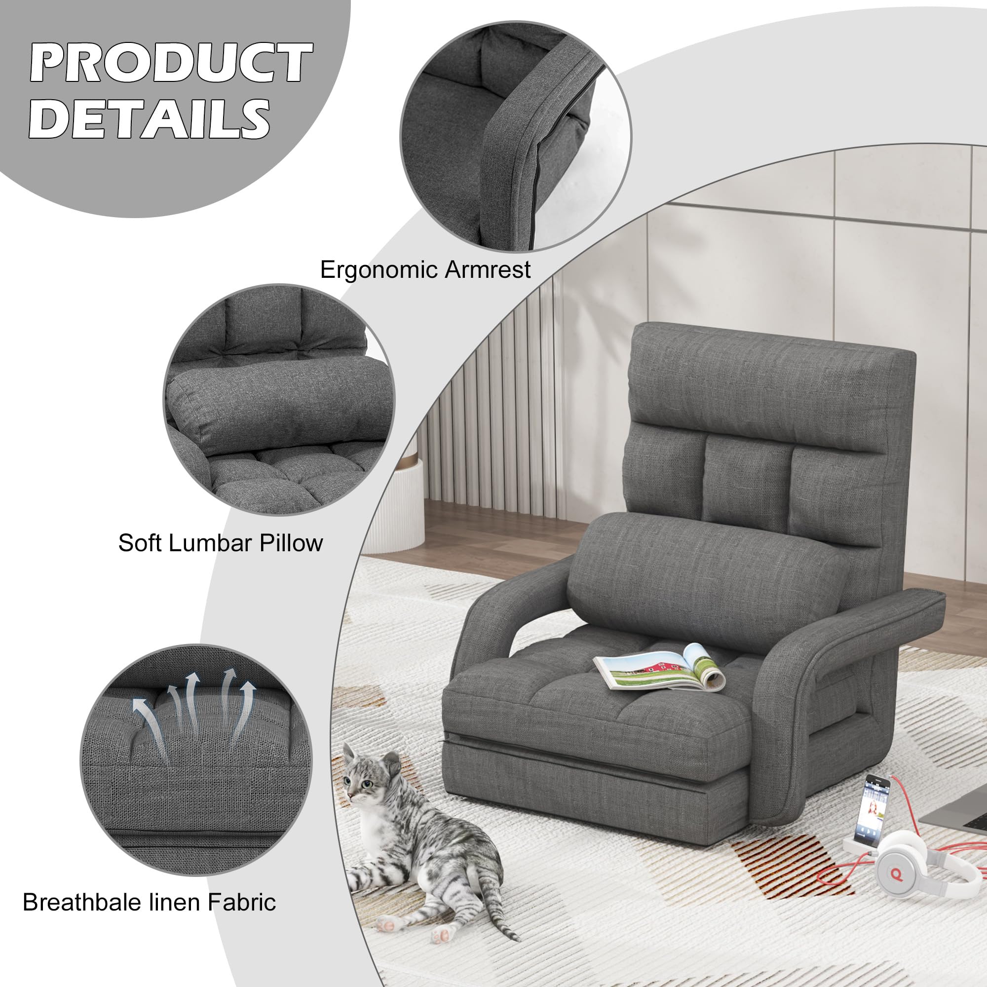 DHMAKER Adjustable Folding Floor Chair - Ergonomic Back Support Gaming Chair, 6-Position Recliner, Breathable Fabric Chaise Lounge for Living Room, Bedroom & Office - Perfect for Relaxing, Gaming & Napping