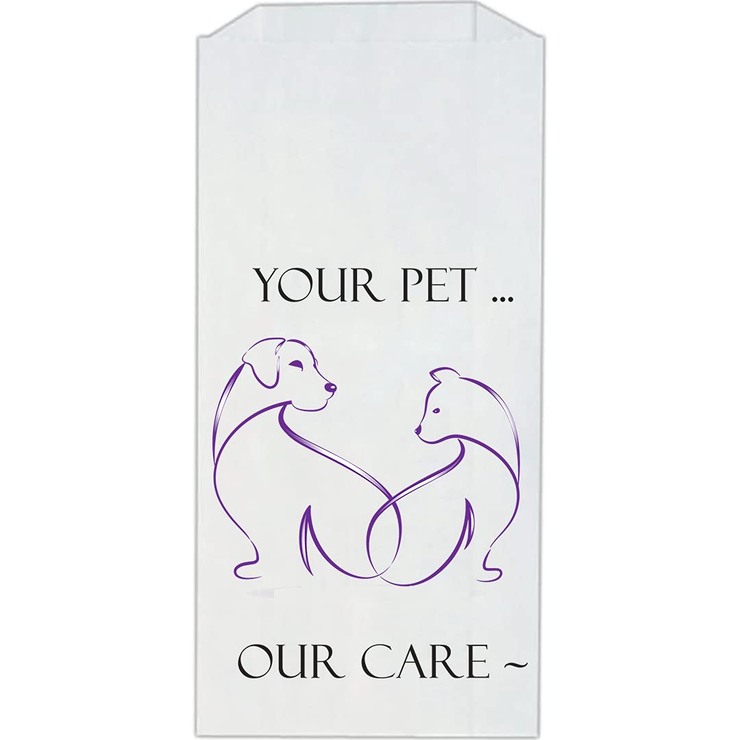Veterinary Prescription Bags for Dogs & Cats - Pet Themed White Paper Pharmacy Bags with 'Your Pet Our Care' Logo - Rx Medical Bags for Vet Clinics & Pharmacies - Made in USA - 100 Count Large Size (5x2x10 Inches) - Perfect for Pet Medication Storage & Organized Dispensing