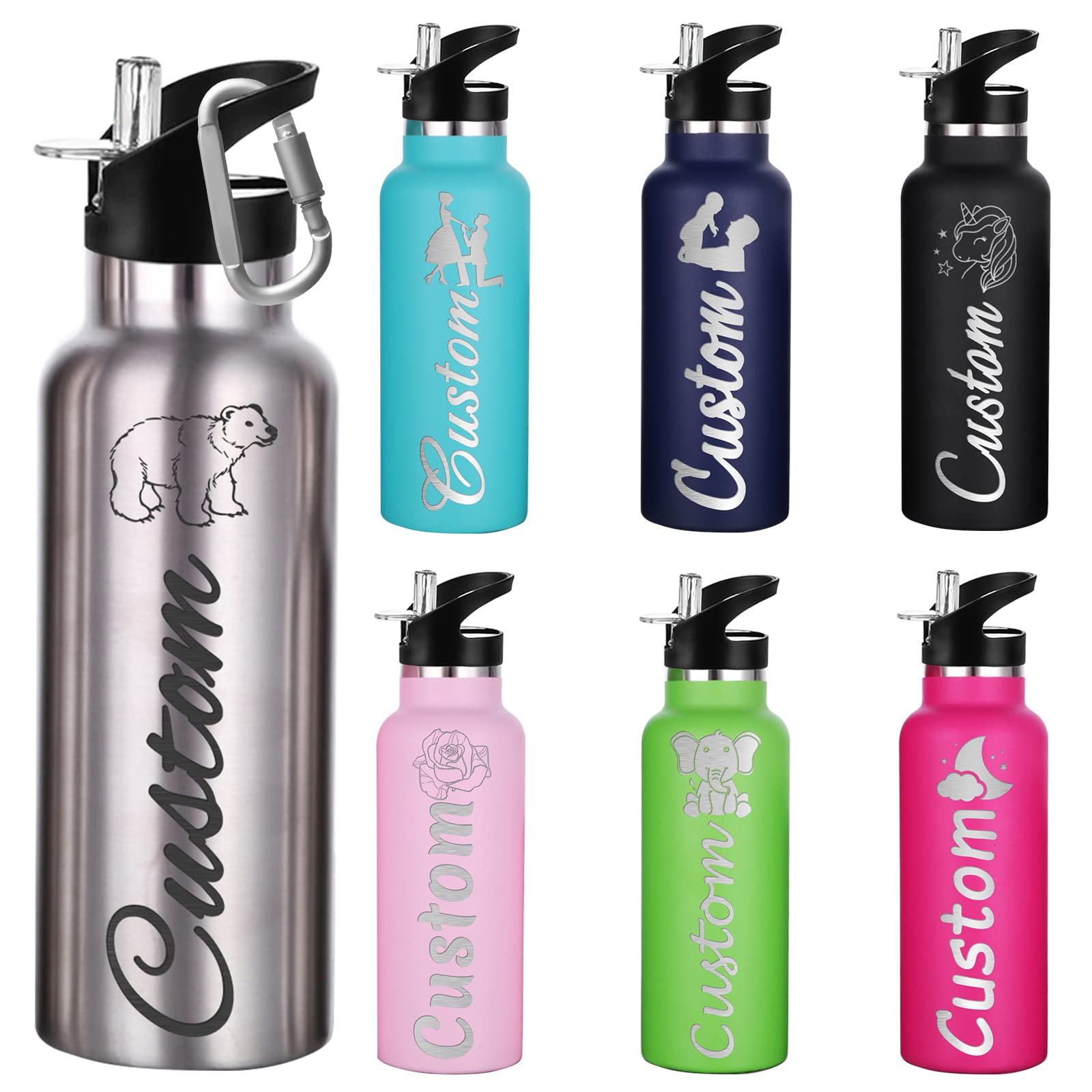 Custom Engraved Insulated Water Bottle with Straw - 26oz/12oz Personalized for Kids, Women & Men - Bulk Orders Available - Perfect for School, Gym, Hiking & Outdoor Activities