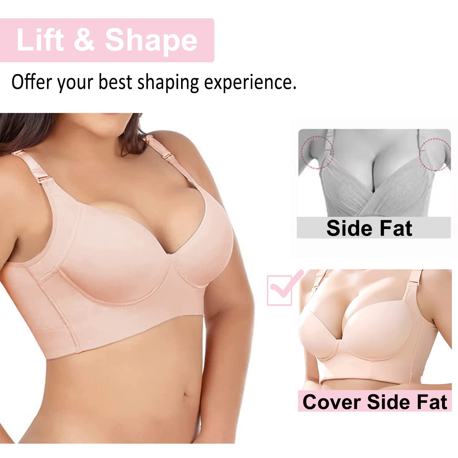 Plus Size Push Up Sports Bra - Deep Cup Full Coverage Shapewear Bra for Back Fat Concealing & Support | Workout, Yoga & Everyday Wear