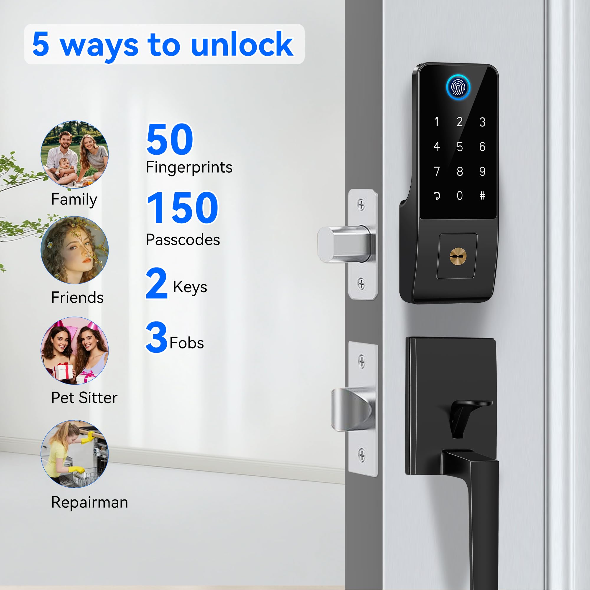 Smart Keyless Entry Door Lock - 5-in-1 Digital Deadbolt with Mobile App Control, Keypad & Handle - Black | Secure Front Door Access for Homes & Apartments