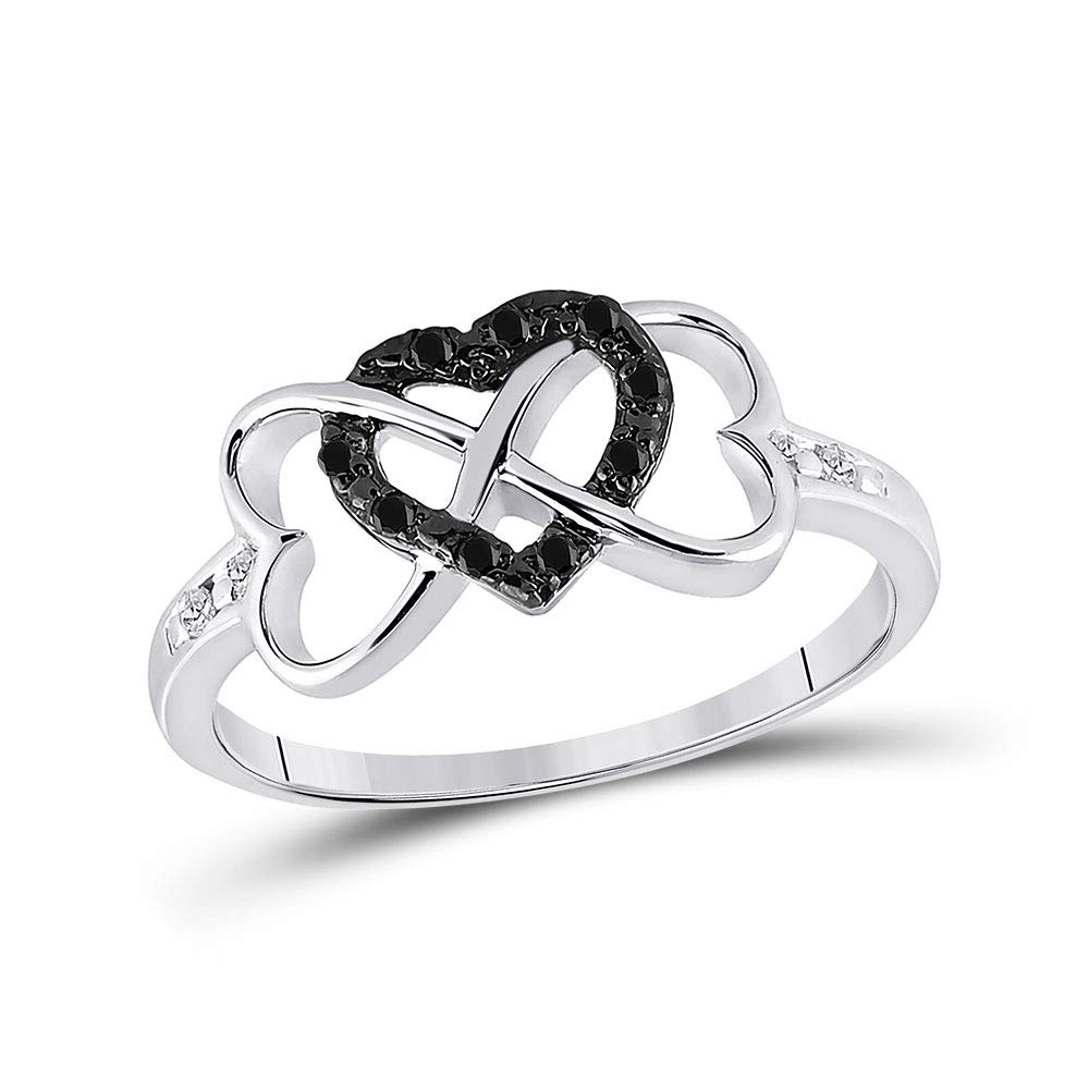 Sterling Silver Women's Round Black Diamond Trinity Heart Ring - 1/10 CTTW, Elegant Jewelry Gift for Anniversary, Valentine's Day & Special Occasions