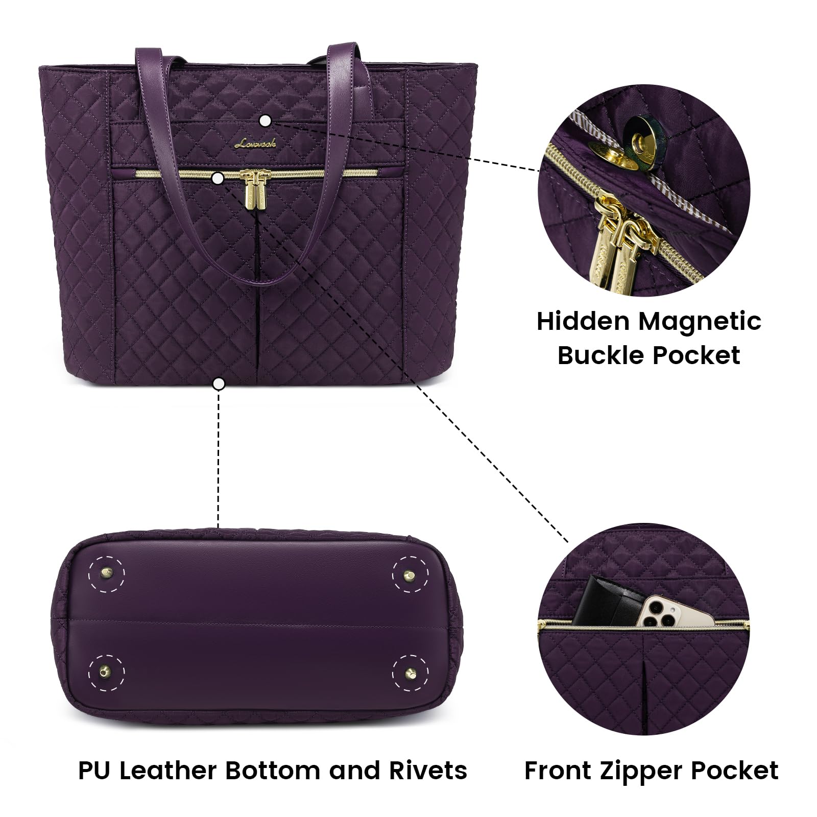 LOVEVOOK 17 Inch Diamond Quilted Laptop Tote Bag for Women - Stylish Work & Travel Shoulder Bag with Clutch Purse, Computer Briefcase Handbag (Purple) - Perfect for Office, Business Meetings & Commuting