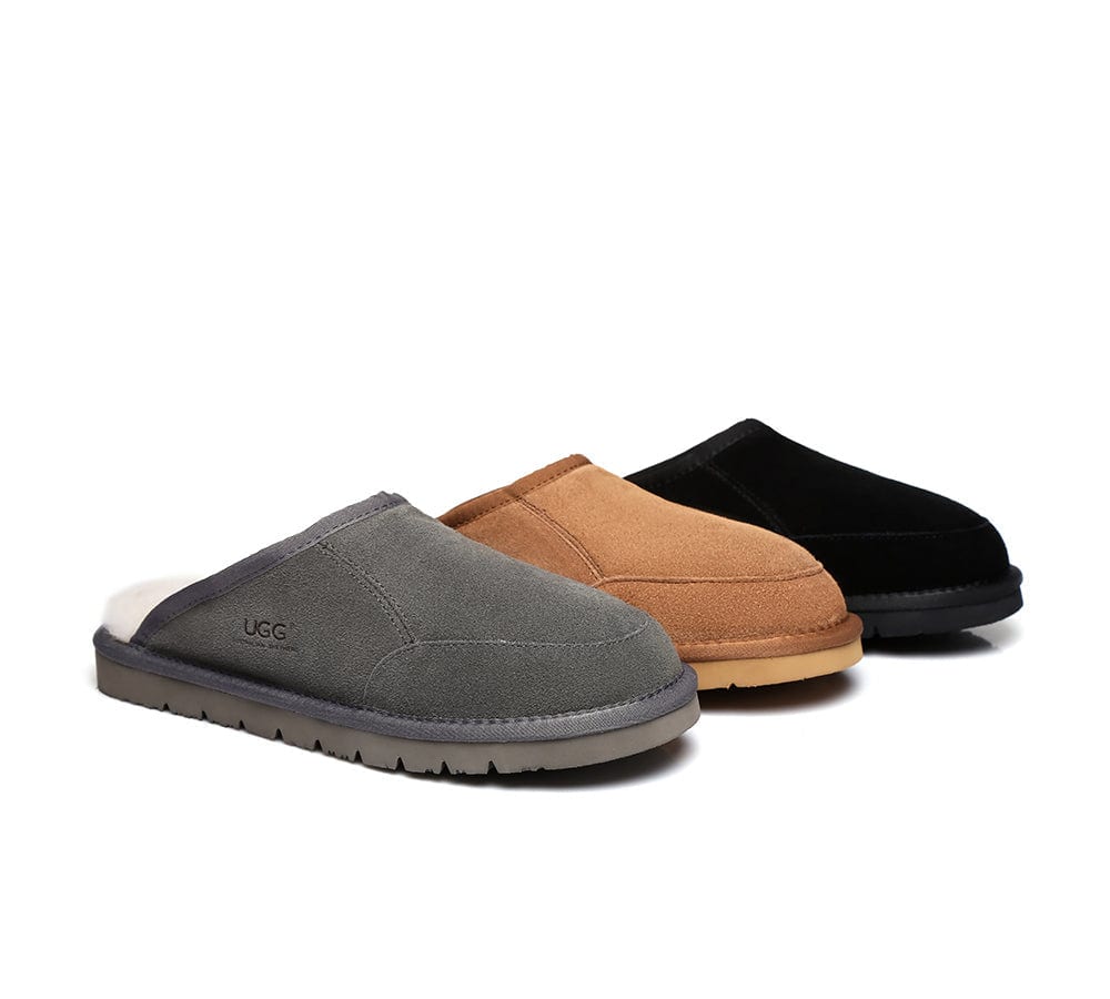 Australian Shepherd UGG Slippers for Men - Genuine Sheepskin Wool Scuff Slippers - Cozy Indoor/Outdoor House Shoes for Winter Comfort & Relaxation at Home
