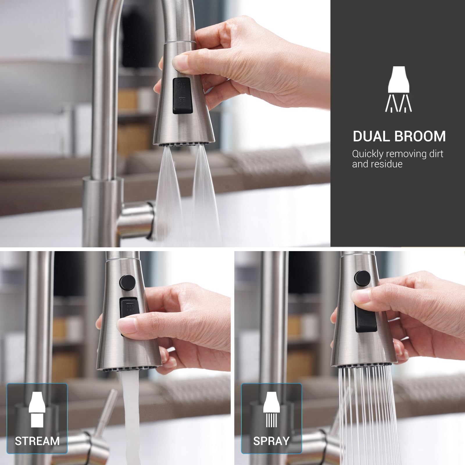 Hands-Free Touchless Kitchen Faucet with Pull-Down Sprayer & Soap Dispenser - Brushed Nickel Single Handle Sensor Faucet for 1 to 4 Hole Sinks - Ideal for Modern Kitchens, Busy Families & Hygienic Food Prep (Stainless Steel)