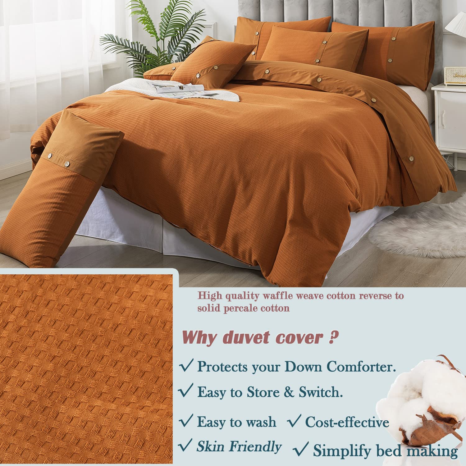 FADFAY Queen Size Burnt Orange Duvet Cover Set - 100% Cotton Waffle Weave Reversible Comforter Cover with Zipper Closure | Luxury Textured Terracotta Bedding | Soft, Breathable 3-Piece Set for All Seasons | Perfect for Master Bedroom, Guest Room & Cozy Home Decor