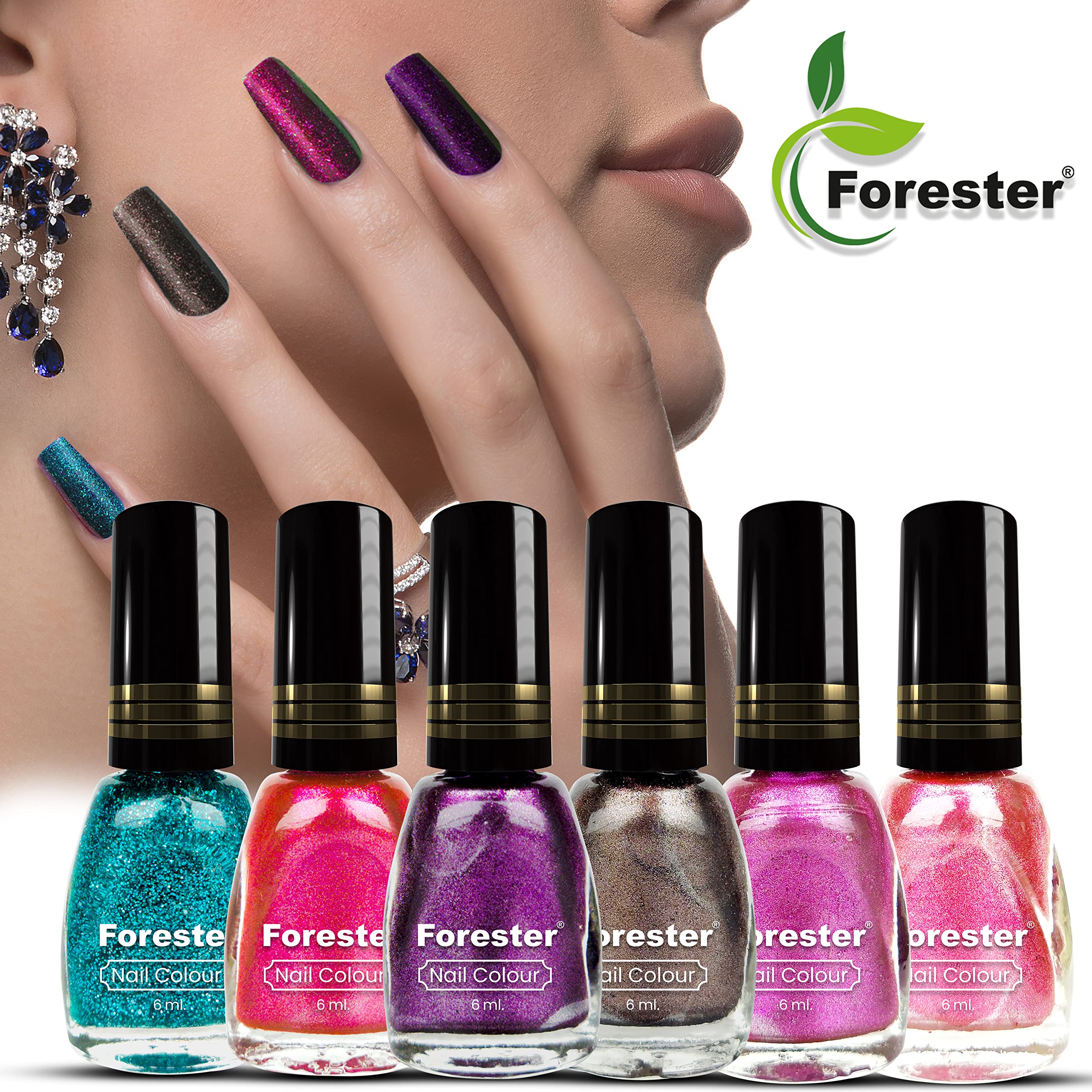 Forester 6 Premium Multicolor Nail Polish Set - 6 Bottles (6ml Each) with Glossy Finish, Vegan & Cruelty-Free Gel Nail Paint - Quick-Drying, Chip-Resistant, Long-Lasting - Perfect for Manicures, Pedicures, Nail Art & Salon Use
