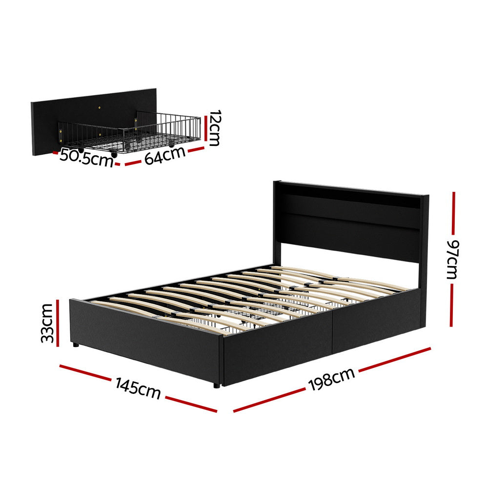 Dunelight LED Double Bed Frame with 4 Storage Drawers - Black | Modern Platform Bed with Underbed Storage & Ambient Lighting | Perfect for Small Bedrooms, Apartments & Guest Rooms