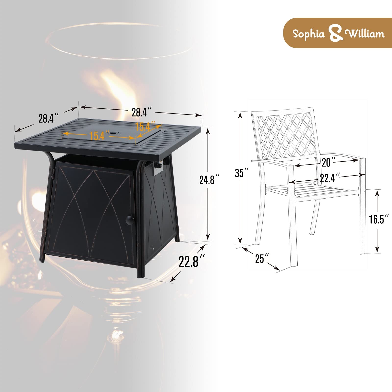 Sophia & William 5-Piece Outdoor Dining Set - Metal Patio Table with Gas Fire Pit & 4 Stackable Chairs (Black) - Perfect for Backyard BBQs, Garden Parties & Cozy Evenings