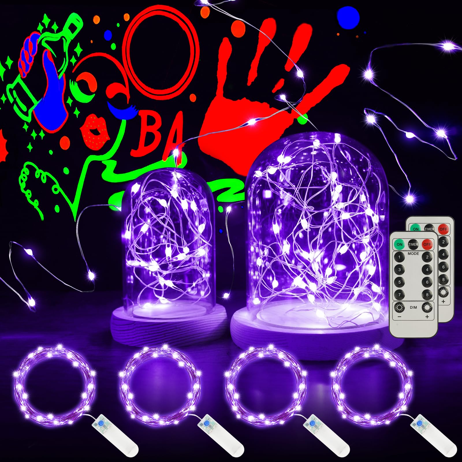OMIKA 4 Pack Black Light Fairy Lights - 7Ft 20 LED UV Battery Operated String Lights with Remote Control, Waterproof Flexible Christmas Lights for Halloween Party, Christmas Tree, Bedroom, DIY Home Decor (Glow in the Dark Starry Night Effect)