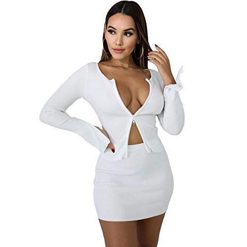 BYDIVA Women's Ribbed Two-Piece Outfit - Two-Way Zipper Tops & Skirt Set | Casual & Party Wear | Fashionable Outfits for Women | Perfect for Date Night, Office, and Social Events