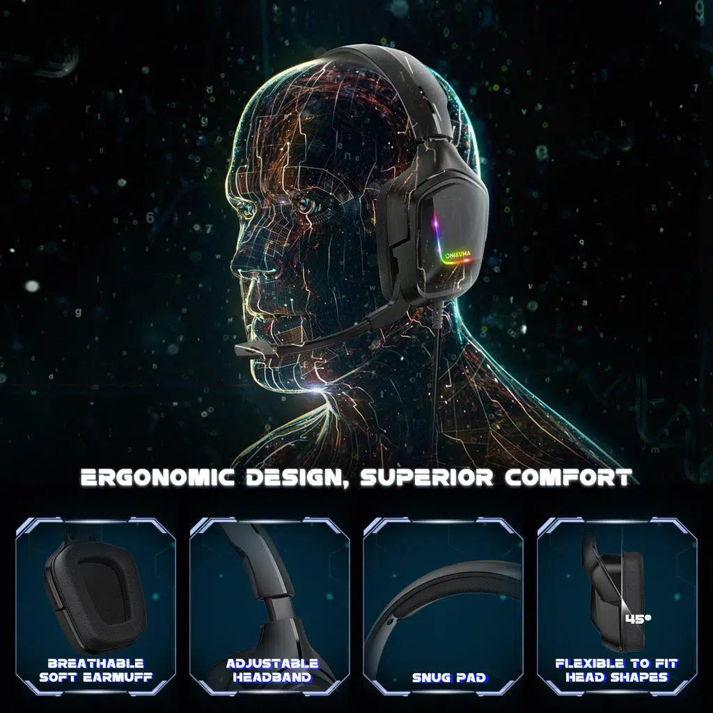 ONIKUMA K20 Wired Gaming Headset with Noise-Canceling Microphone & RGB Lighting - Perfect for PC, PS4, Xbox Gaming & Online Classes