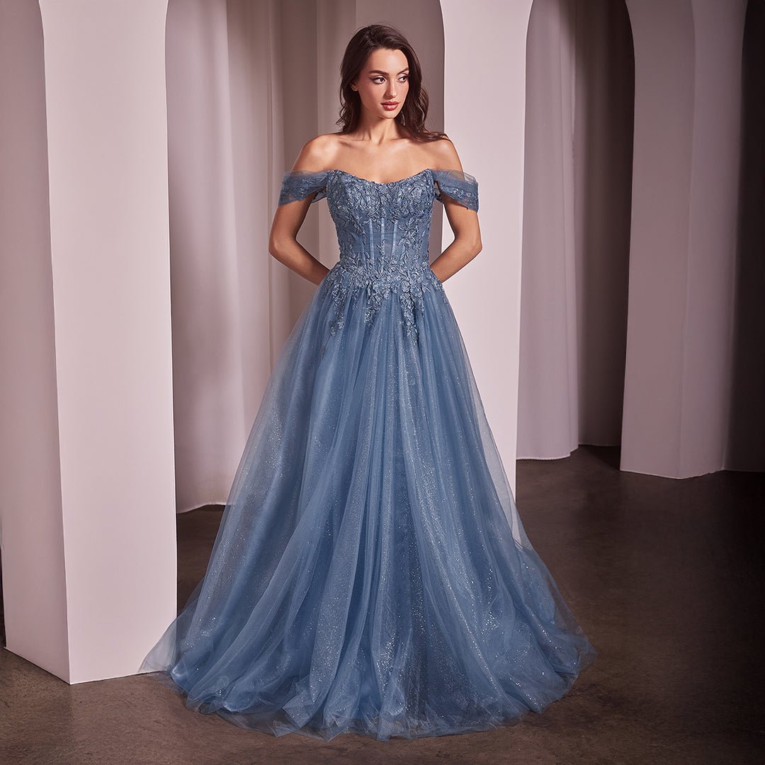 Ladivine by Cinderella Divine Smoky Blue Off The Shoulder Prom Gown - Elegant Formal Dress for Homecoming, Evening Party & Special Occasions