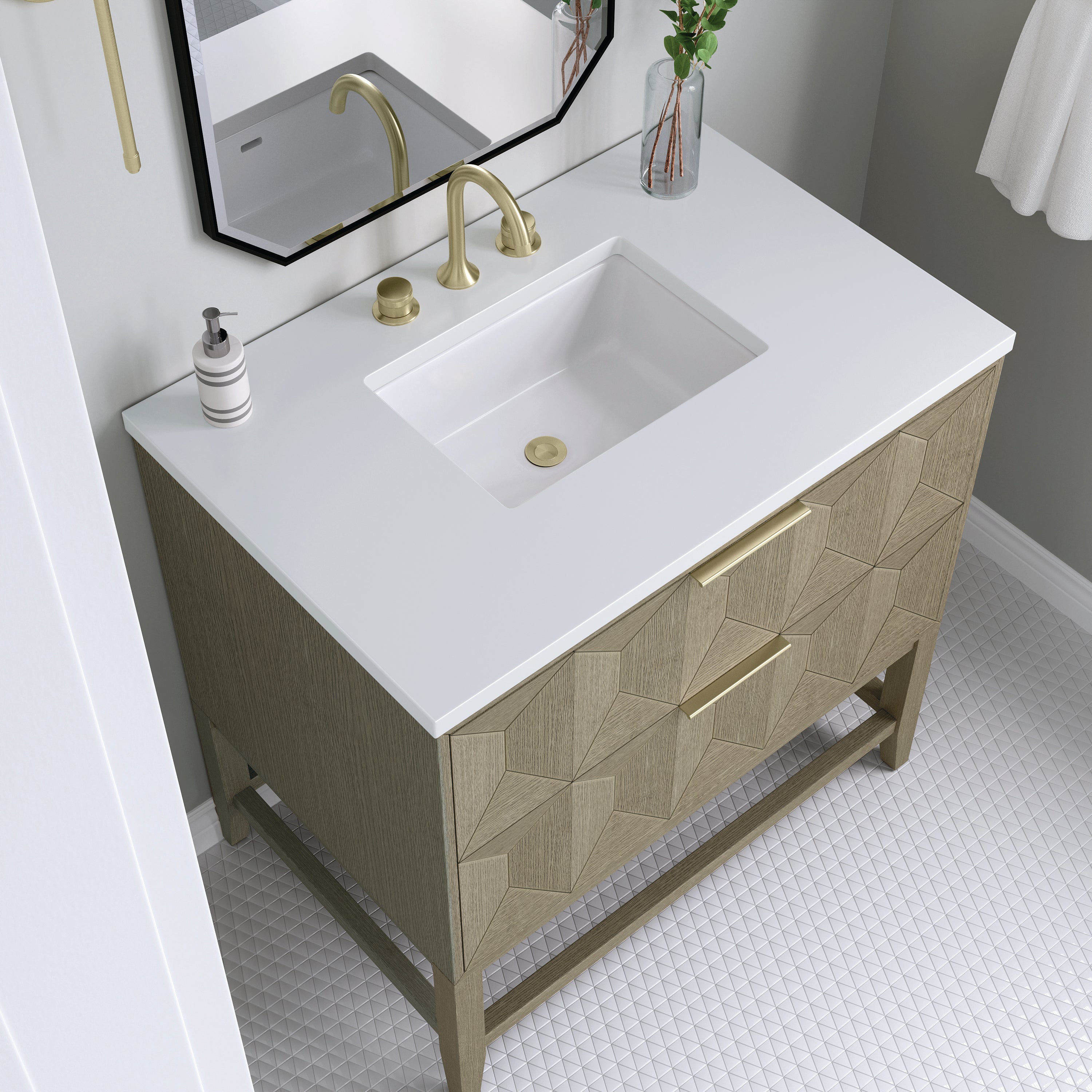 Emmeline 36 Inch Single Bathroom Vanity with White Zeus Quartz Top - Pebble Oak Finish for Modern Home Decor | Perfect for Small Bathrooms & Powder Rooms