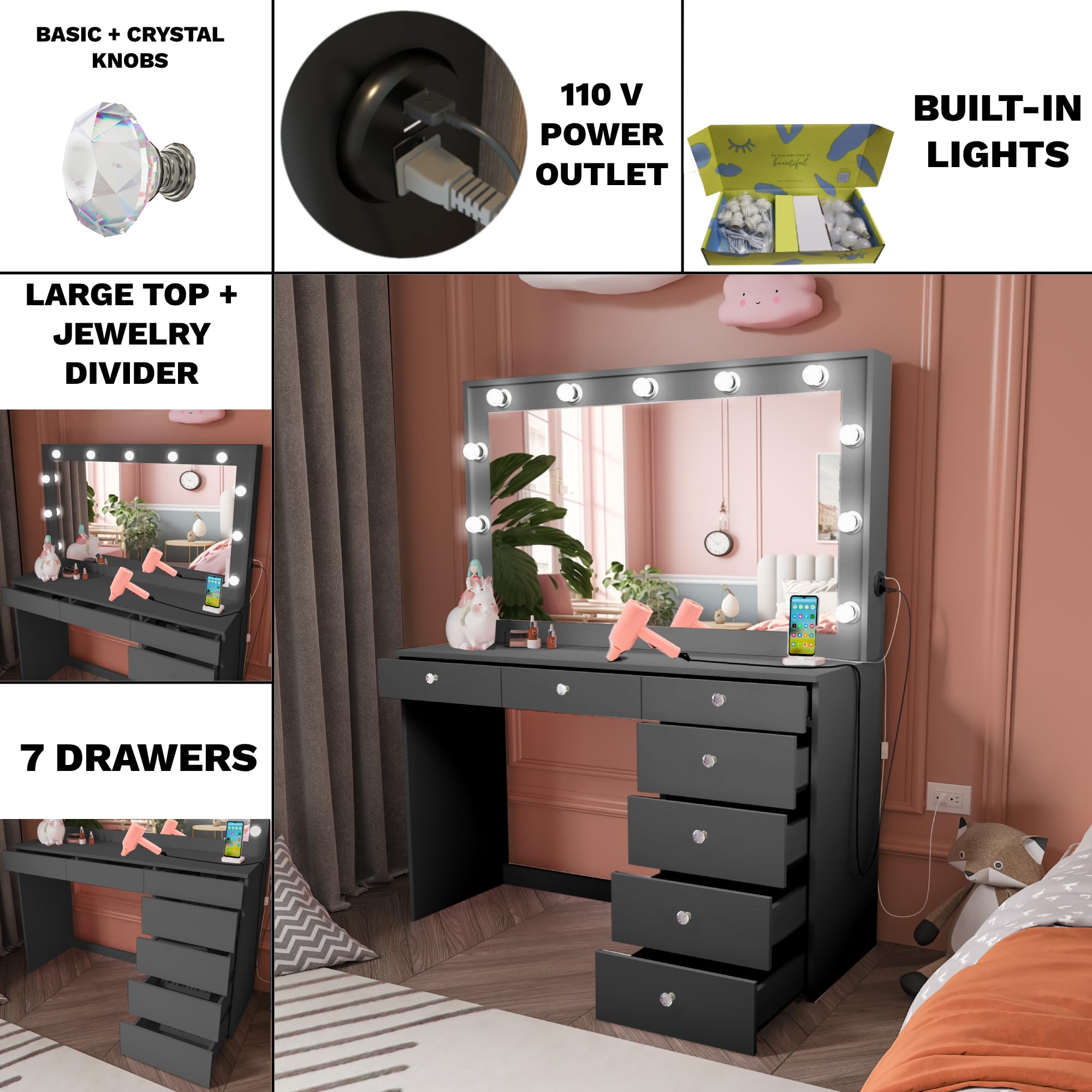 Boahaus Diana Large Makeup Vanity Desk with Hollywood Vanity Mirror & Built-in LED Lights - 7 Drawers, Spacious Top, Crystal Knobs - Black Dressing Table for Bedroom (58.2