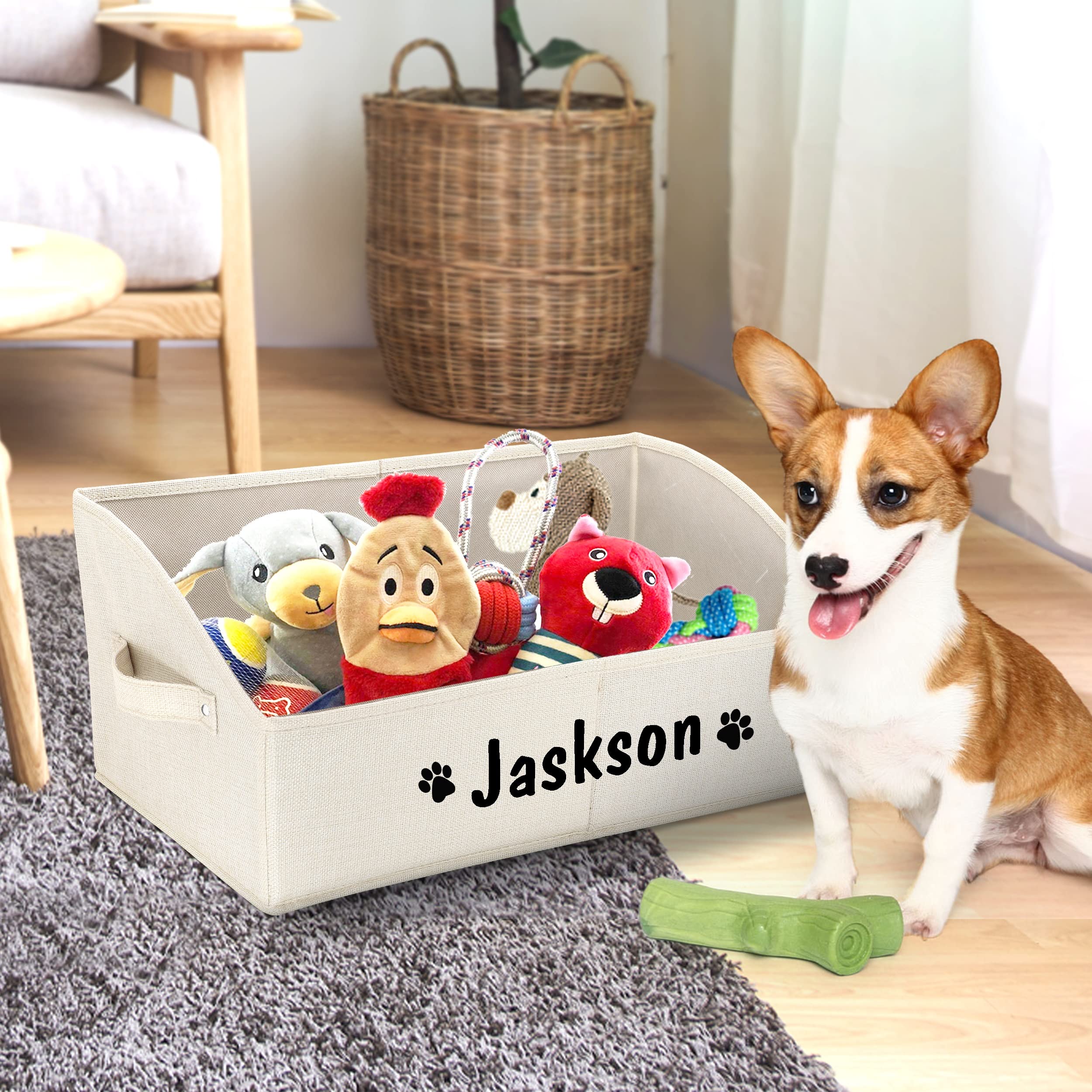 **Personalized Collapsible Dog Storage Basket - Custom Pet Toy Organizer with Handles, Large Dog Toy Box for Chew Toys, Clothes & Squeaky Toys (Beige) - Perfect for Pet Room, Living Room & Travel Organization**