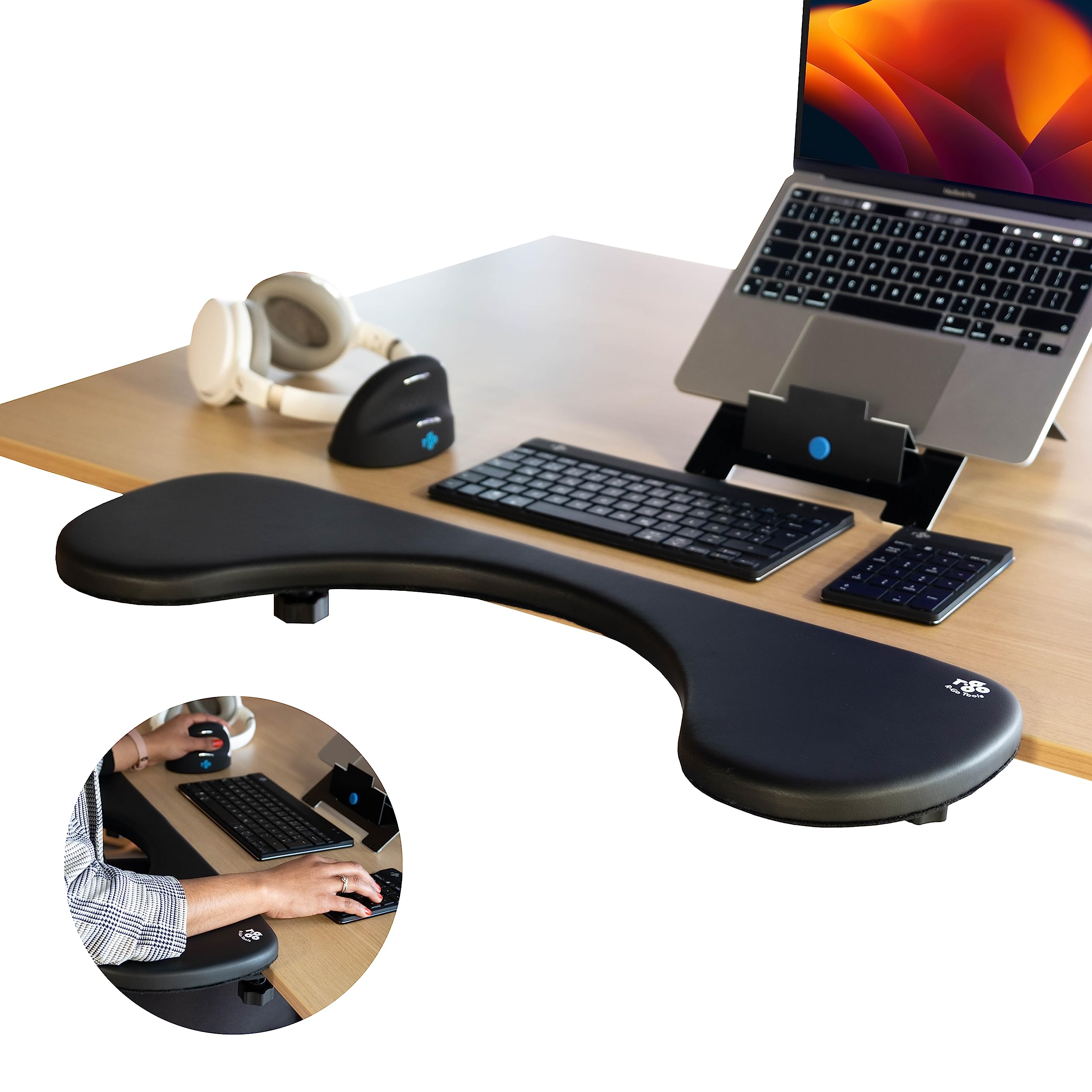 Ergonomic R-Go Arm Rest for Desk - Adjustable Wrist & Elbow Support with Soft Sponge Padding - Pain Relief Keyboard Tray for Office & Home Workspace - Easy Clamp-On Design (Black) | Perfect for Typing, Gaming & Computer Work