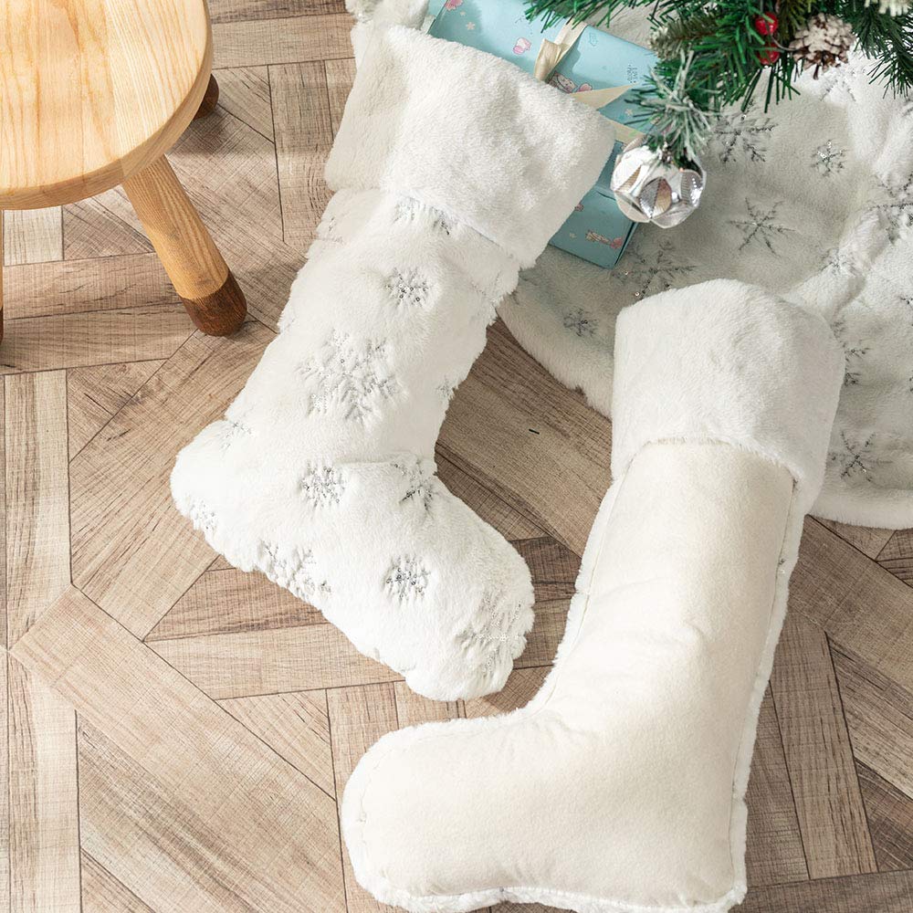 2PCS Large Plush Christmas Stockings - 22 Inches White Faux Fur Xmas Stockings with Silver Sequin Snowflake Design for Fireplace Mantel Decor | Perfect for Holiday Gift Giving & Christmas Home Decor