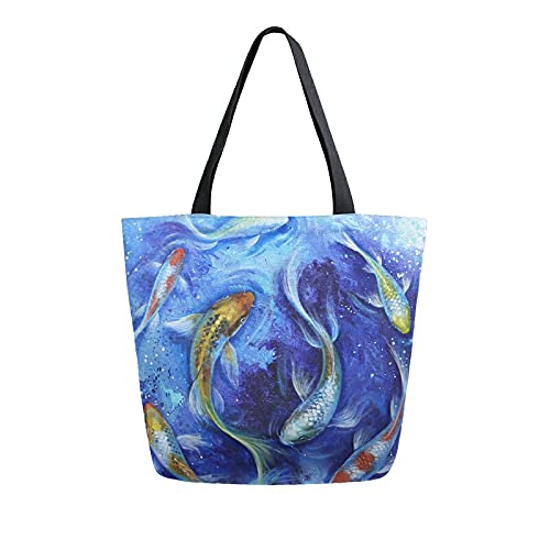 SLHKPNS Canvas Tote Bags Bulk - Japanese Koi Fish Design Reusable Grocery Bags, Large Colorful Goldfish Shoulder Bags for Women, Lightweight Beach Bags for Travel, Shopping, Picnic & Outdoor Activities