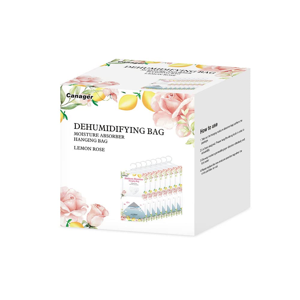 CANAGER Hanging Moisture Absorber - 8 Pack Lemon Rose Scented Dehumidifier Bags (12.5 oz) for Closet, Wardrobe & Storage Areas | Eliminates Dampness & Musty Odors | Perfect for Homes, RVs, Basements & Laundry Rooms