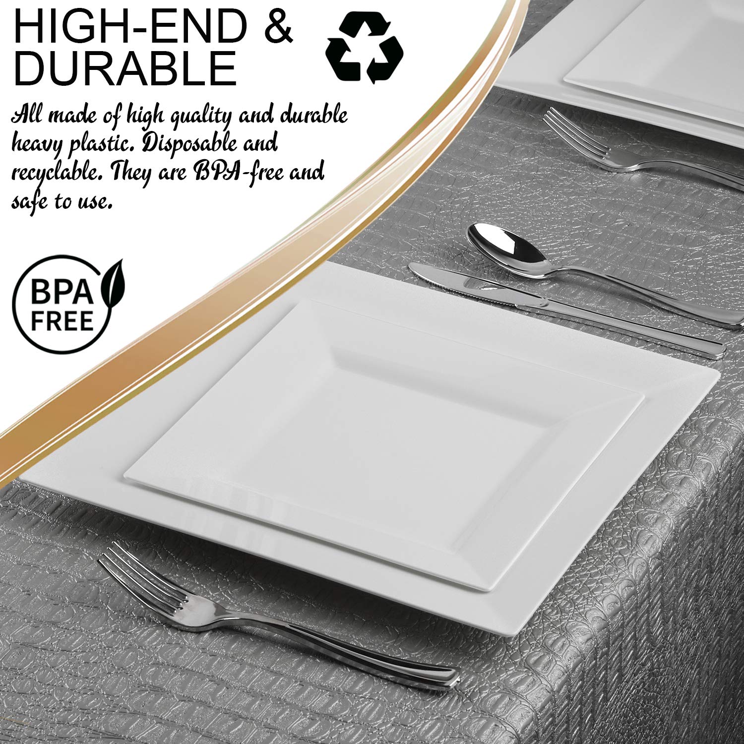 Eco-Friendly Disposable Plastic Dinnerware Set for 60 Guests - Elegant Square White Plates, Salad/Dessert Plates, Silverware Cutlery & Cups | Perfect for Weddings, Birthday Parties, Catering & Outdoor Events