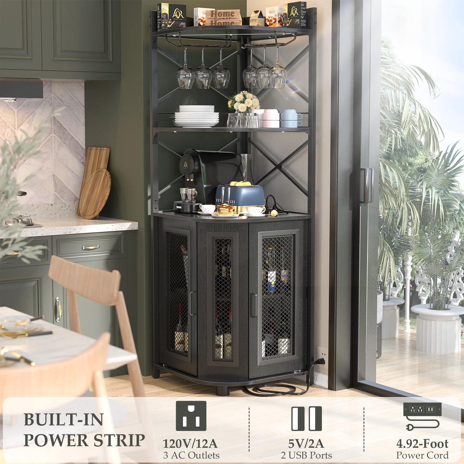 Industrial 5-Tier Corner Bar Cabinet with Power Outlet & LED Lighting - Modern Wine Liquor Storage Cabinet with Glass Holder, Black - Perfect for Small Spaces, Home Bars, and Stylish Corner Displays