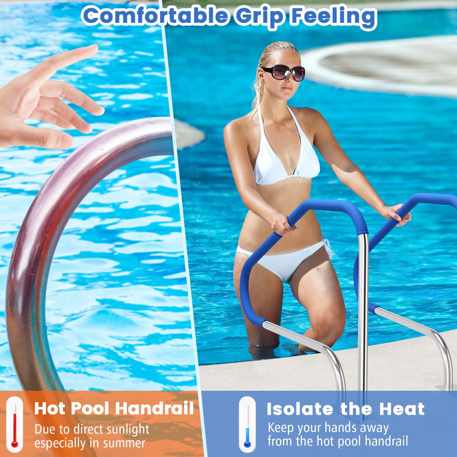 Goplus 49''x34'' Stainless Steel Pool Handrail - 316 Grade, Non-Slip Grip Cover, 550LBS Weight Capacity for Inground Swimming Pools | Safety Support for Elderly & Kids | Easy Installation with Base Plate (1 Pack)