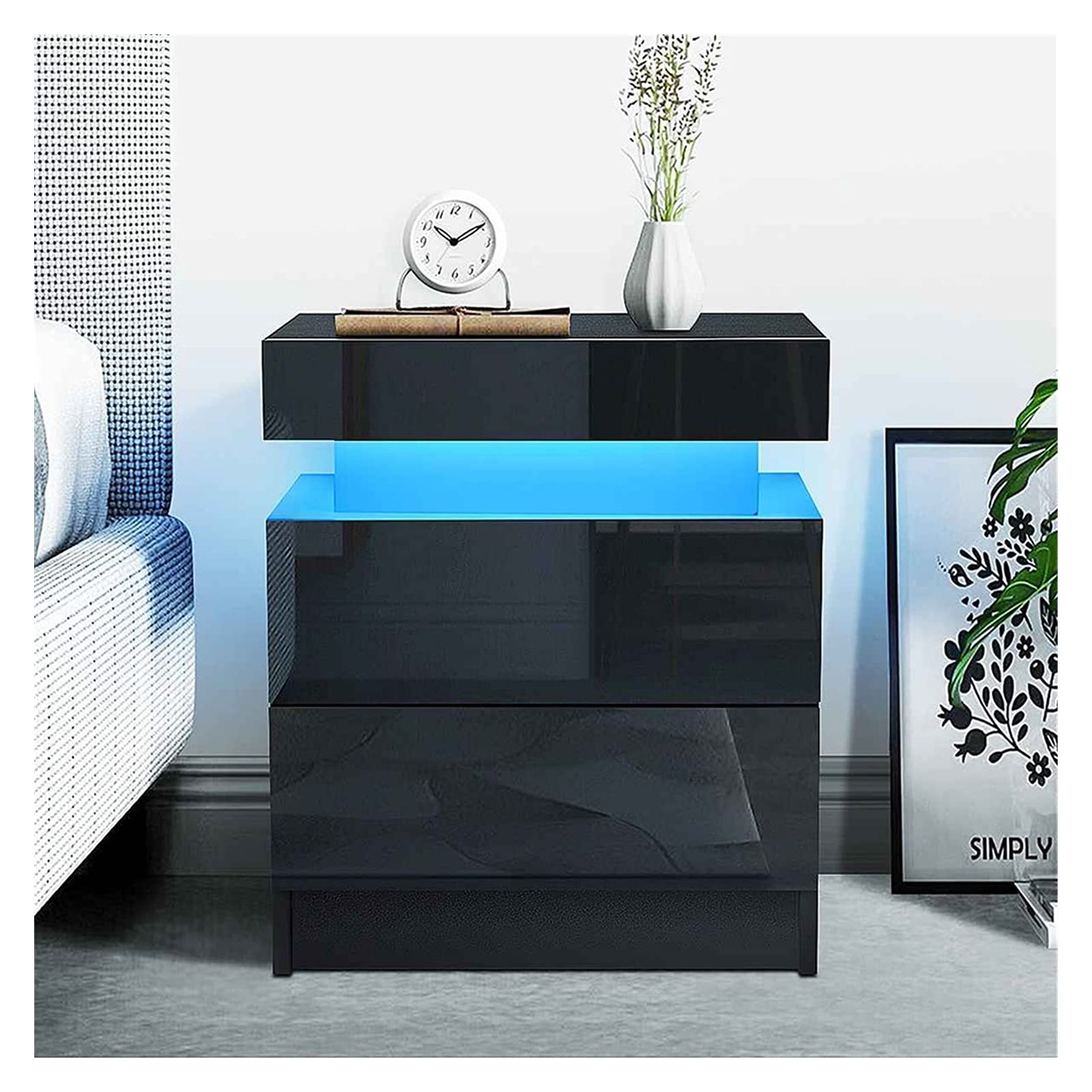 Modern High Gloss Nightstand with RGB LED Lights - 2 Drawer Bedside Cabinet, Contemporary Bedroom Furniture (Black/White) - Perfect for Small Spaces, Dorm Rooms & Apartment Bedrooms