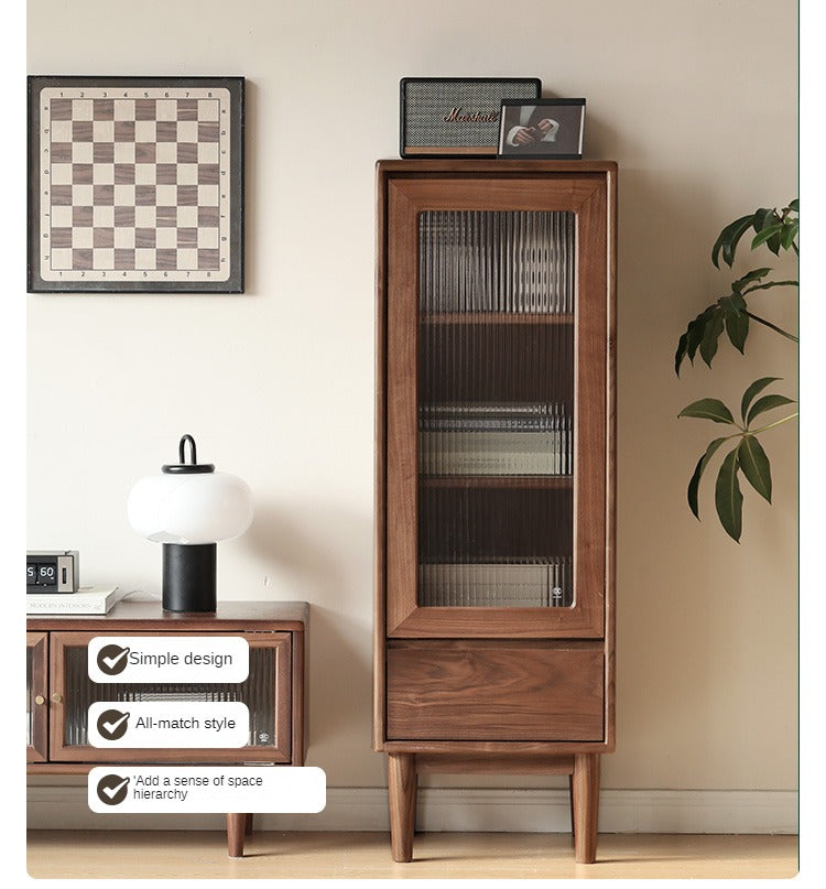Solid Black Walnut Wood Side Cabinet - Vintage Narrow Storage Cabinet for Bedroom, Living Room & Entryway - Handcrafted Wooden Nightstand with Drawer & Shelf