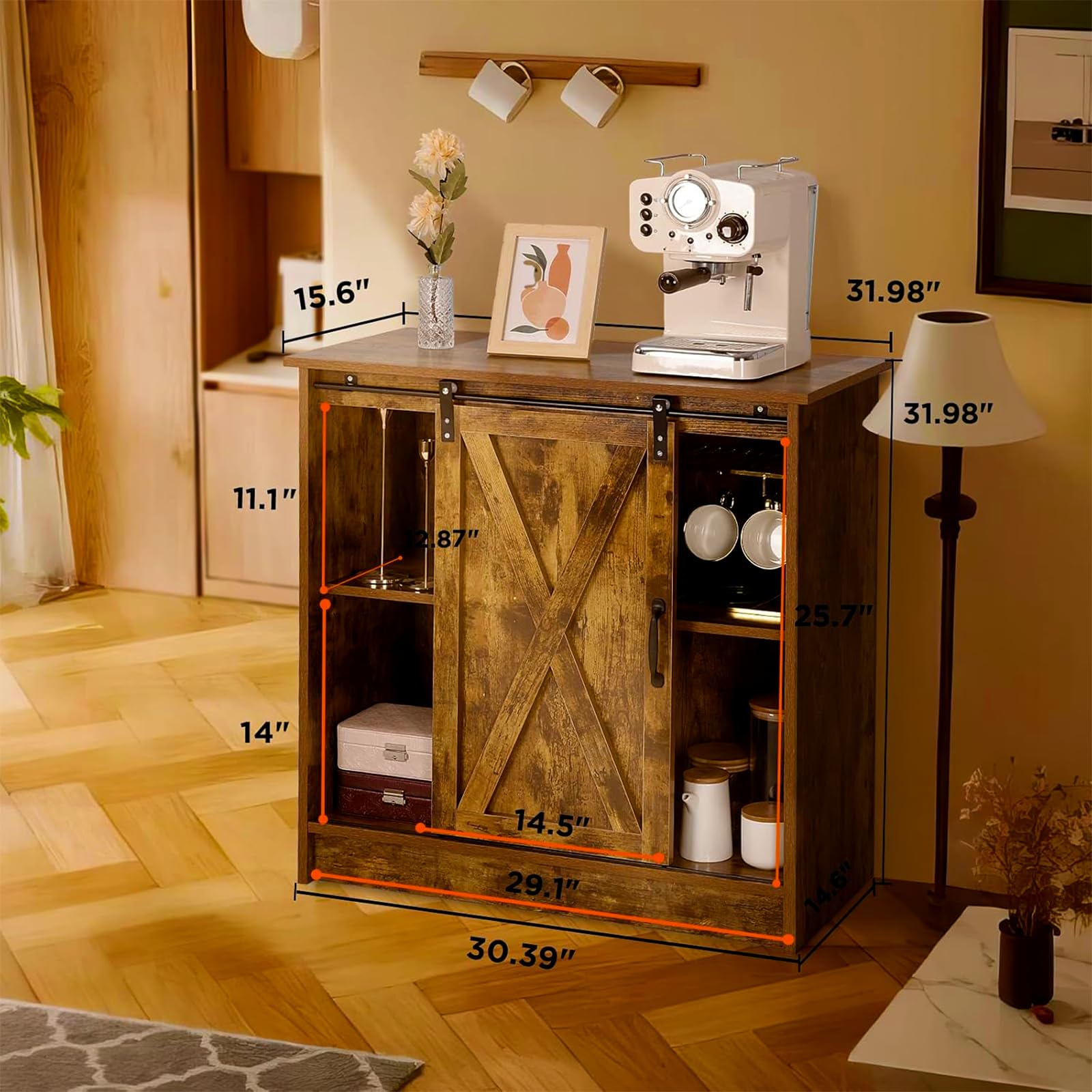 Rustic Brown Coffee Bar Cabinet with Storage - Farmhouse Style Coffee Bar Table with Sliding Barn Door & Adjustable Shelves - Perfect for Kitchen, Dining Room or Living Room Coffee Station Setup