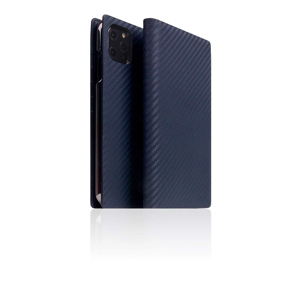 Premium SLG iPhone 11 Pro Max Leather Wallet Case - Italian Carbon Leather Flip Cover with Card Slots & Gift Box | Handmade for Apple iPhone 11 Pro Max (Navy Blue) | Perfect for Business Professionals & Daily Commuters