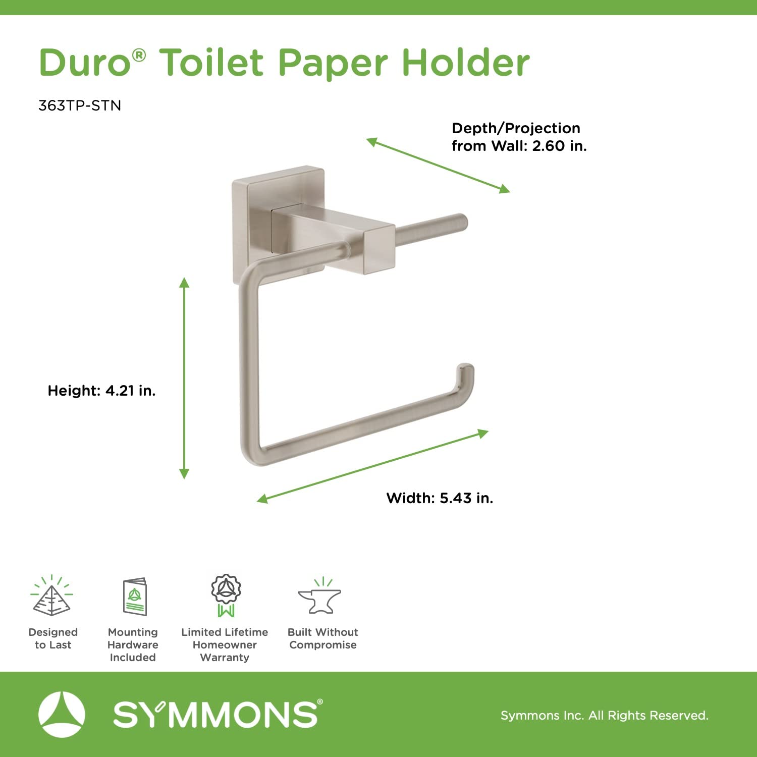 Symmons 363TP-STN Duro Wall-Mounted Toilet Paper Holder in Satin Nickel - Durable Bathroom Tissue Dispenser for Home & Commercial Use