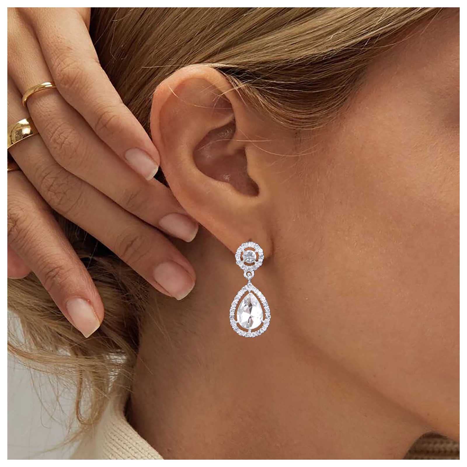 Boho Crystal Rhinestone Earrings for Women – Silver Waterdrop Dangle Earrings with Vintage Gemstone & Sparkly CZ Paved Circle Studs | Elegant Jewelry Gift for Girls, Party, Wedding & Daily Wear