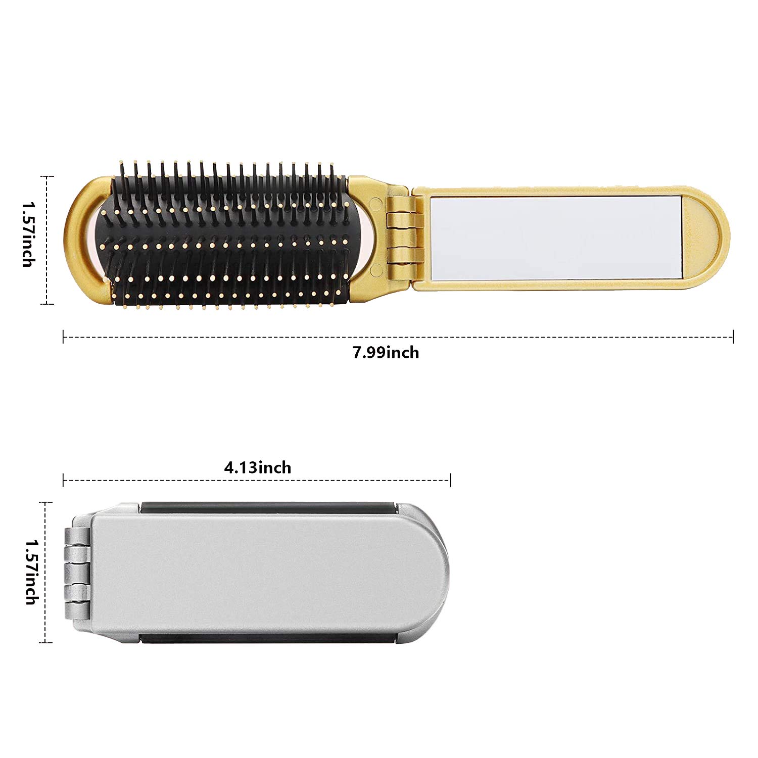 YUSONG 2-Pack Mini Folding Hair Brush with Mirror - Compact Travel Brush for Women & Girls, Portable Pocket-Size Comb for Purse, Gym, Travel & Swimming (Gold & Silver) | Perfect for On-the-Go Styling, Quick Touch-Ups & Emergency Hair Fixes