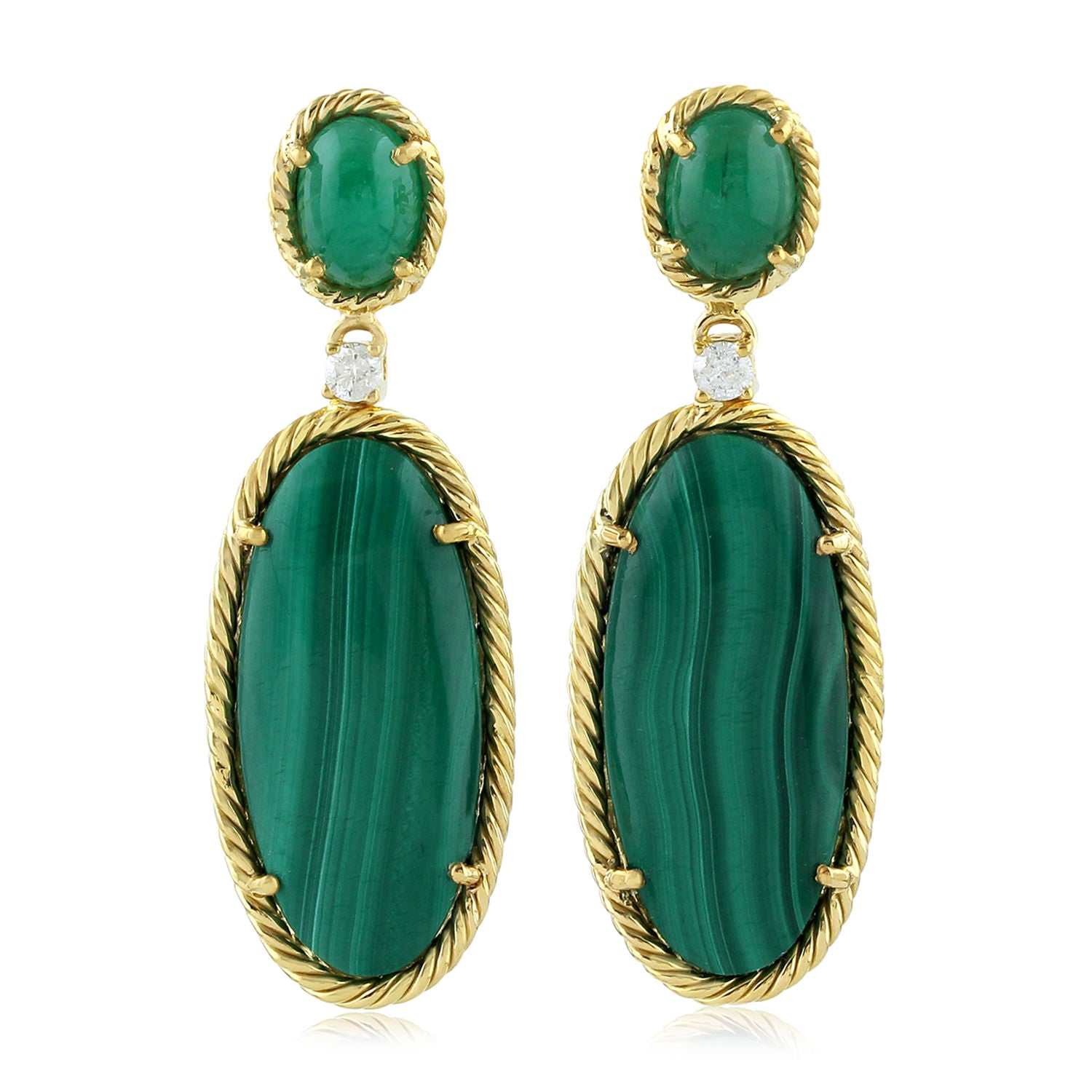 18K Yellow Gold Malachite Oval Cut Emerald Gemstone Prong Diamond Dangler Earrings - Perfect for Evening Parties & Special Occasions