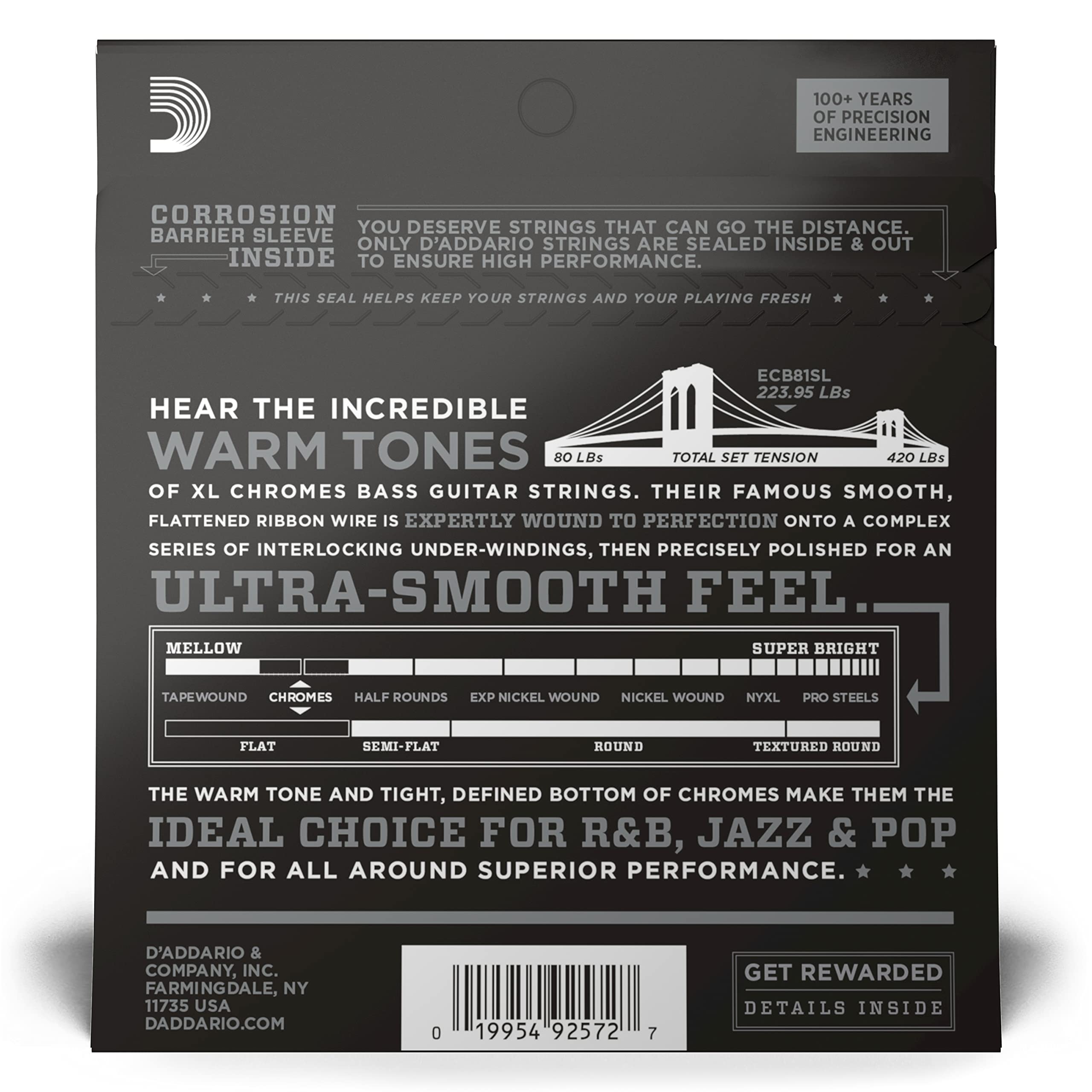 D'Addario XL Chromes Flat Wound Bass Guitar Strings - ECB81SL - Super Long Scale - Regular Light Gauge (45-100) - Perfect for Jazz, Blues & Studio Recording