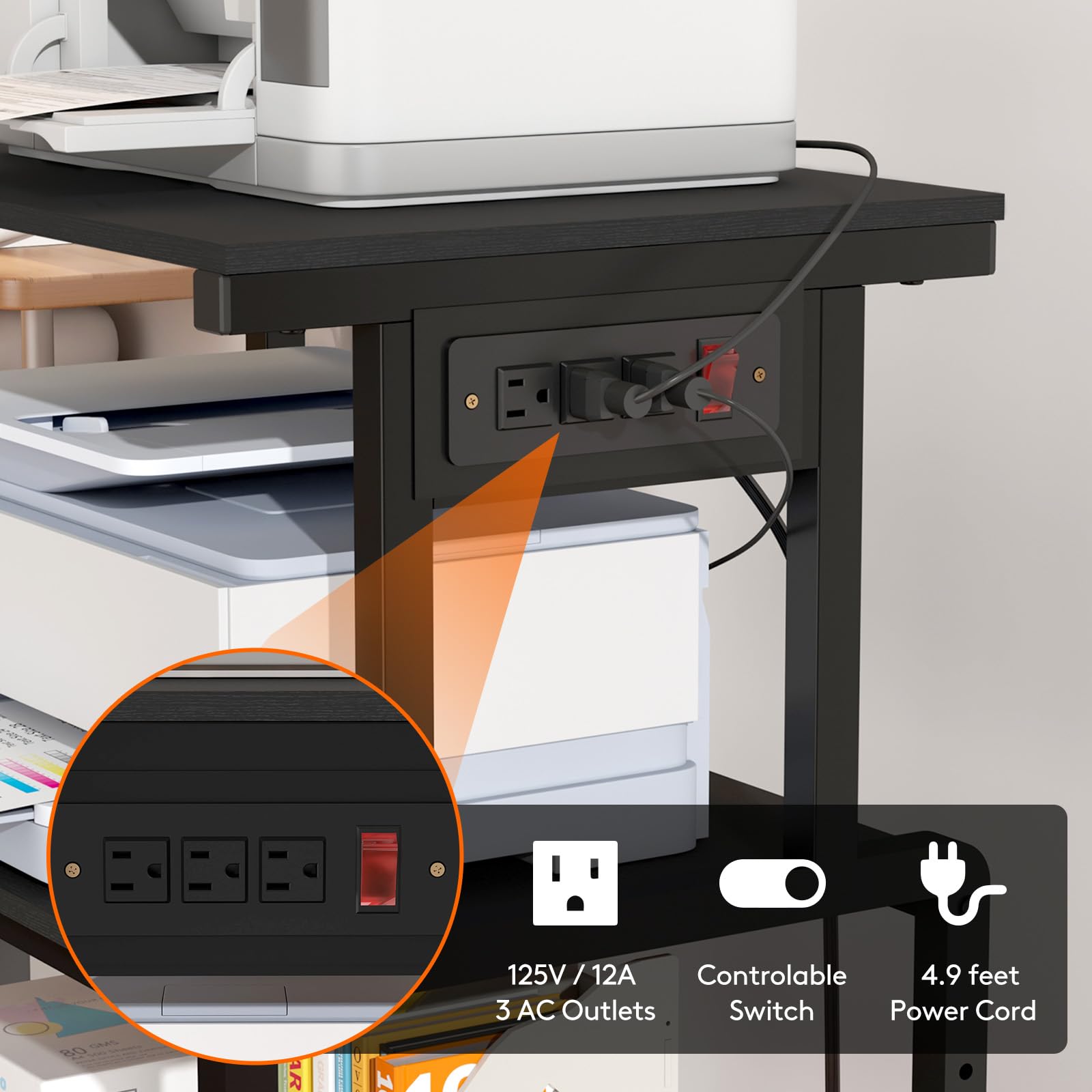 Lifewit 4-Tier Rolling Printer Stand with 3 Power Outlets, Adjustable Storage Shelf & Wheels - Mobile Office Cart for Printer, Scanner, Shredder, Fax Machine - Perfect for Home Office Organization & Workspace Storage (Black)