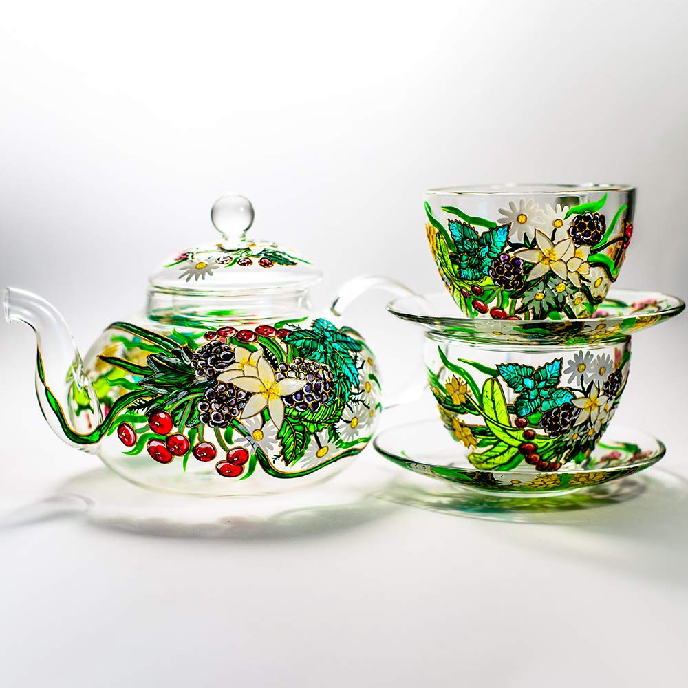 Personalized Glass Teapot Set with Removable Infuser & Cups - Hand-Painted Floral Design - Custom Gift for Mother's Day, Birthday & Tea Lovers - Perfect for Afternoon Tea, Home Decor & Special Occasions